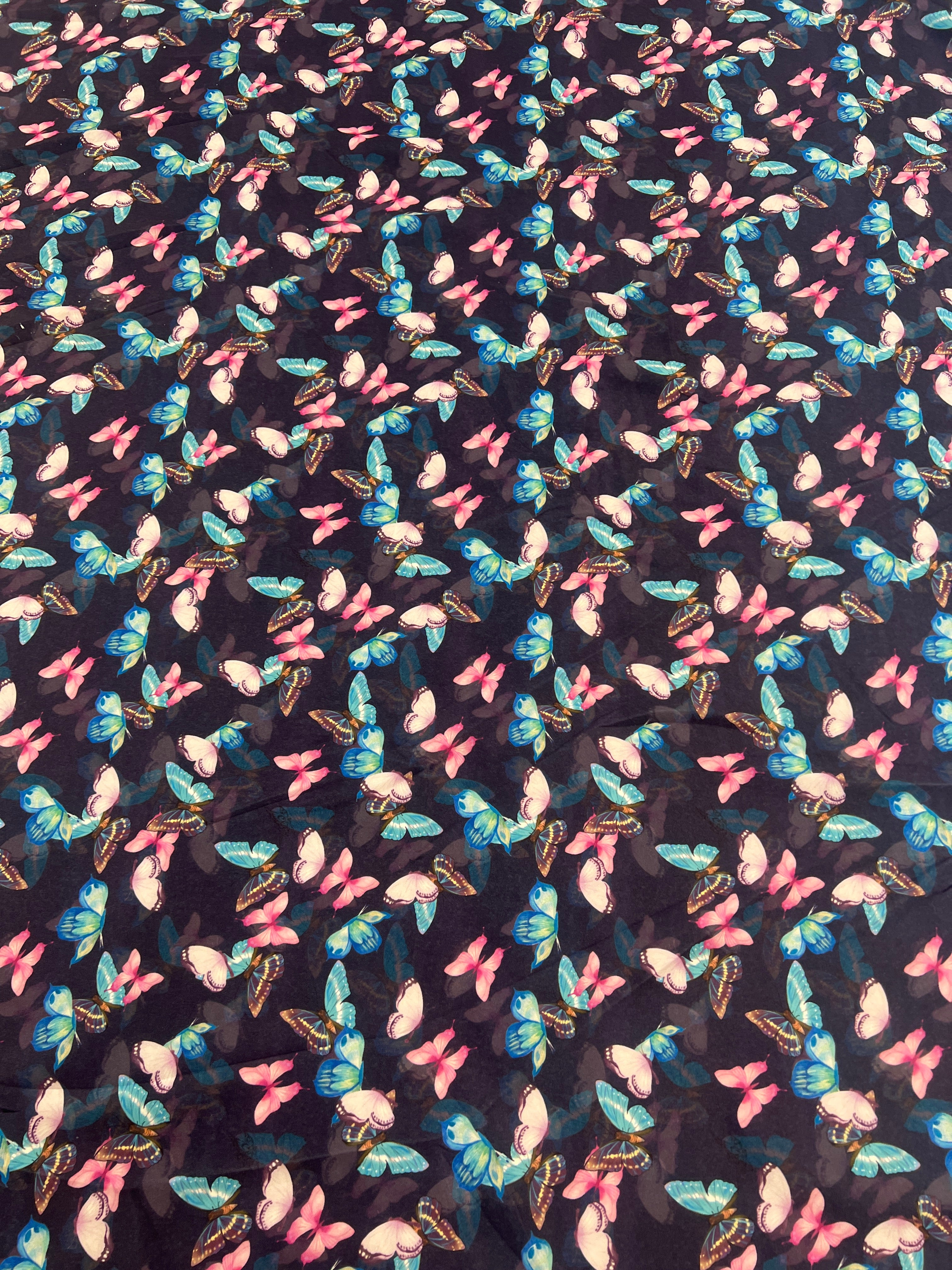 Black Multicolour Butterfly Scuba Crepe Fabric
