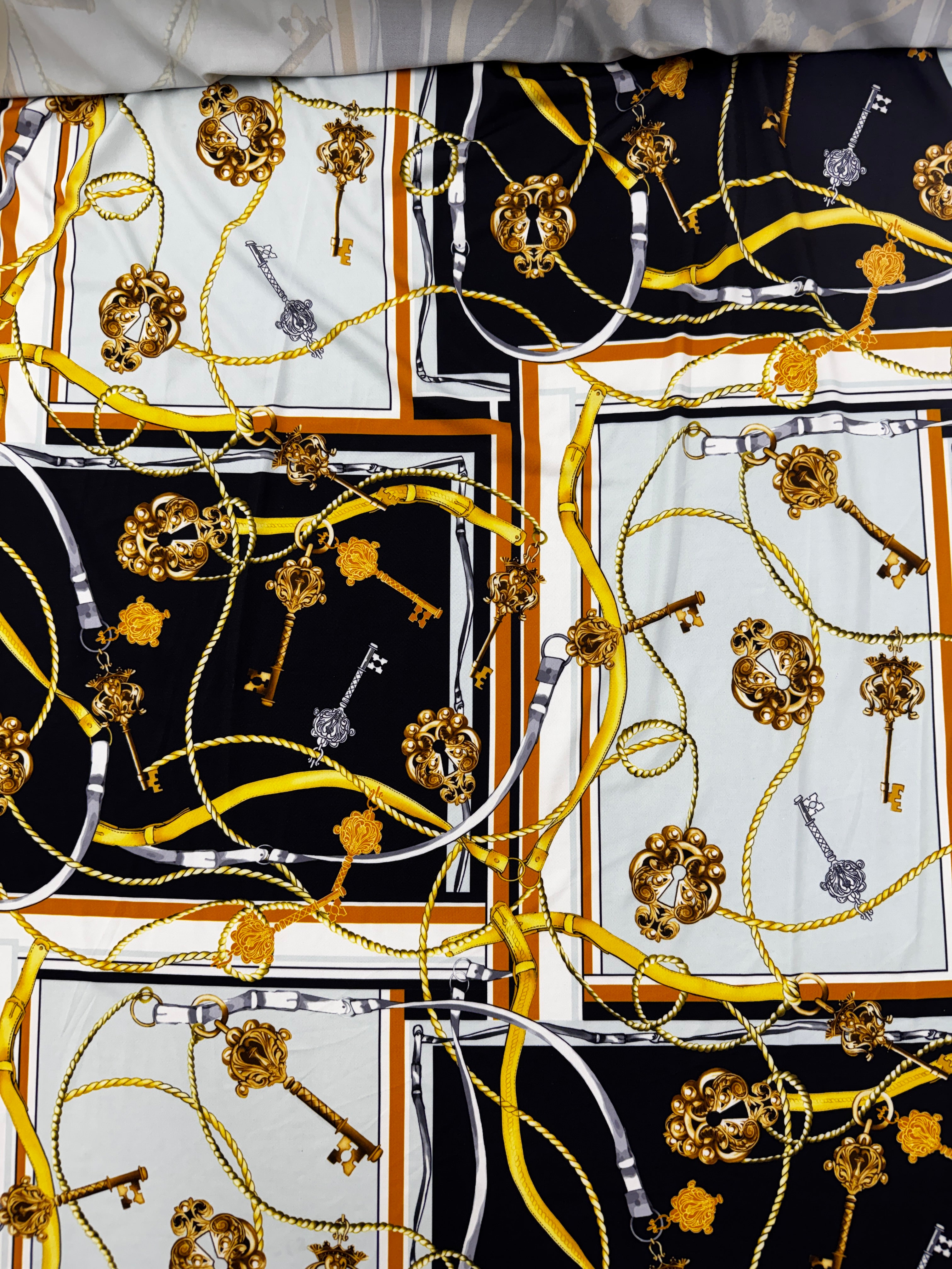 Chain & Key Print ITY Fabric – Black White Gold Scarf Style Stretch Jersey, 145cm Wide