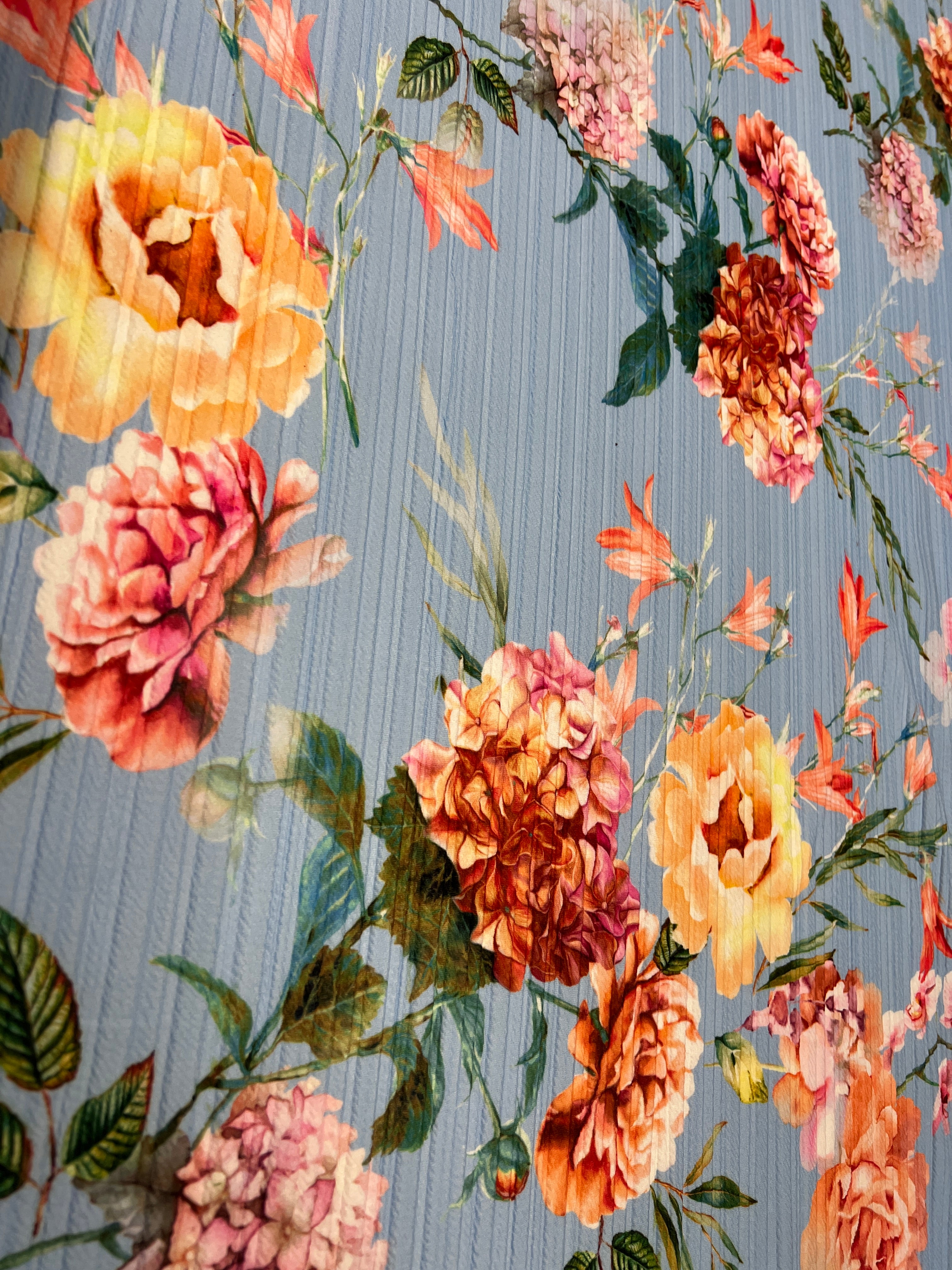Powder Blue & Peach Garden Rose Floral Plissé Fabric – peach garden roses and yellow peonies on powder blue pleated fabric