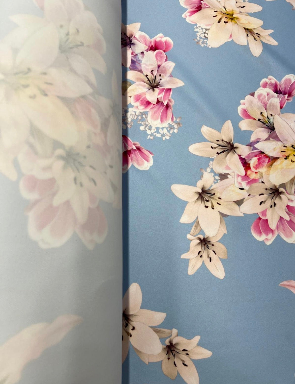 Powder Blue Lily Floral Scuba Crepe Fabric - Pink & Cream