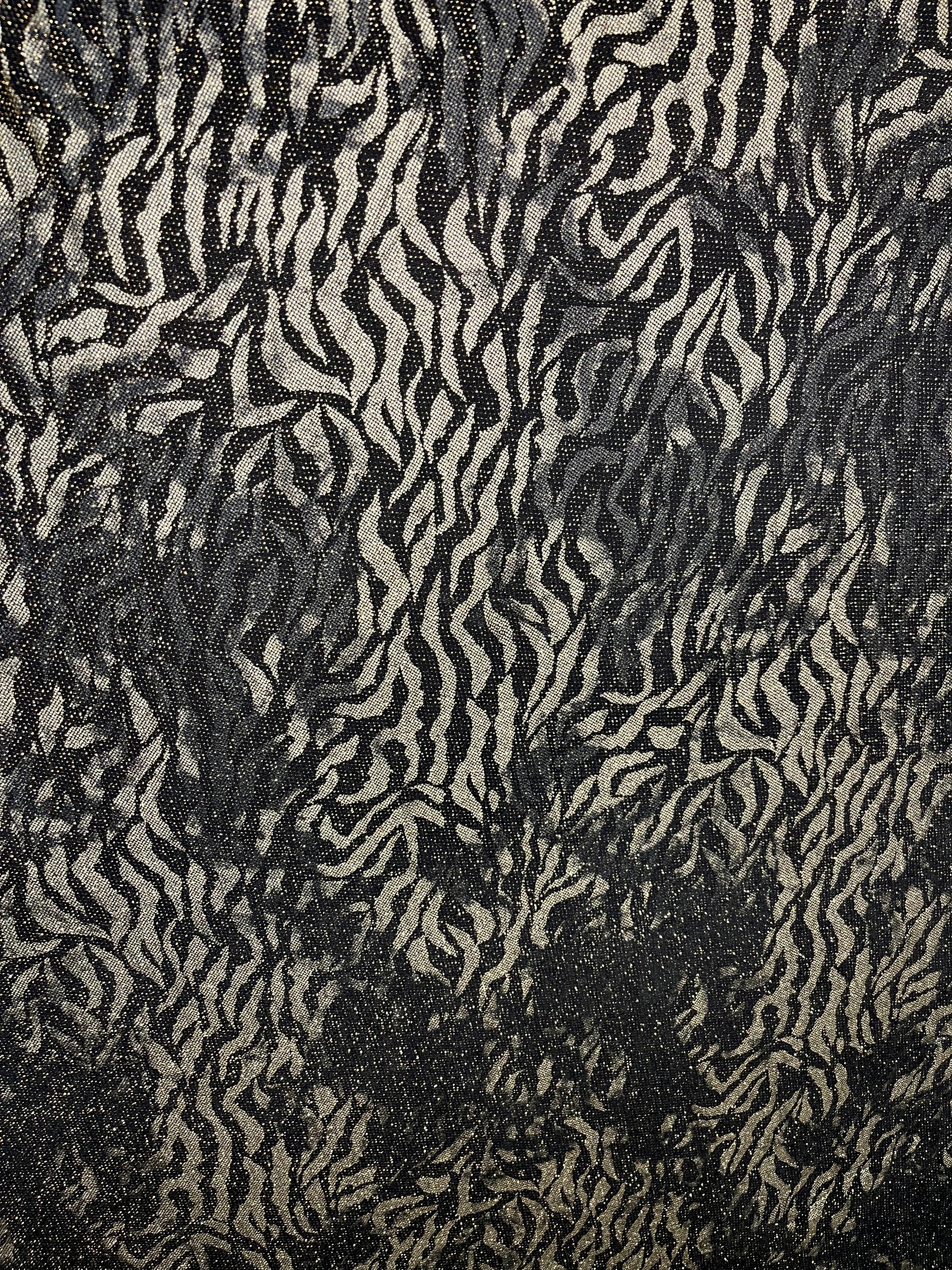 Black & Gold Zebra Print Lurex Fabric – Metallic Animal Print Stretch Lurex Material for Dresses & Performance Wear 155cm Wide