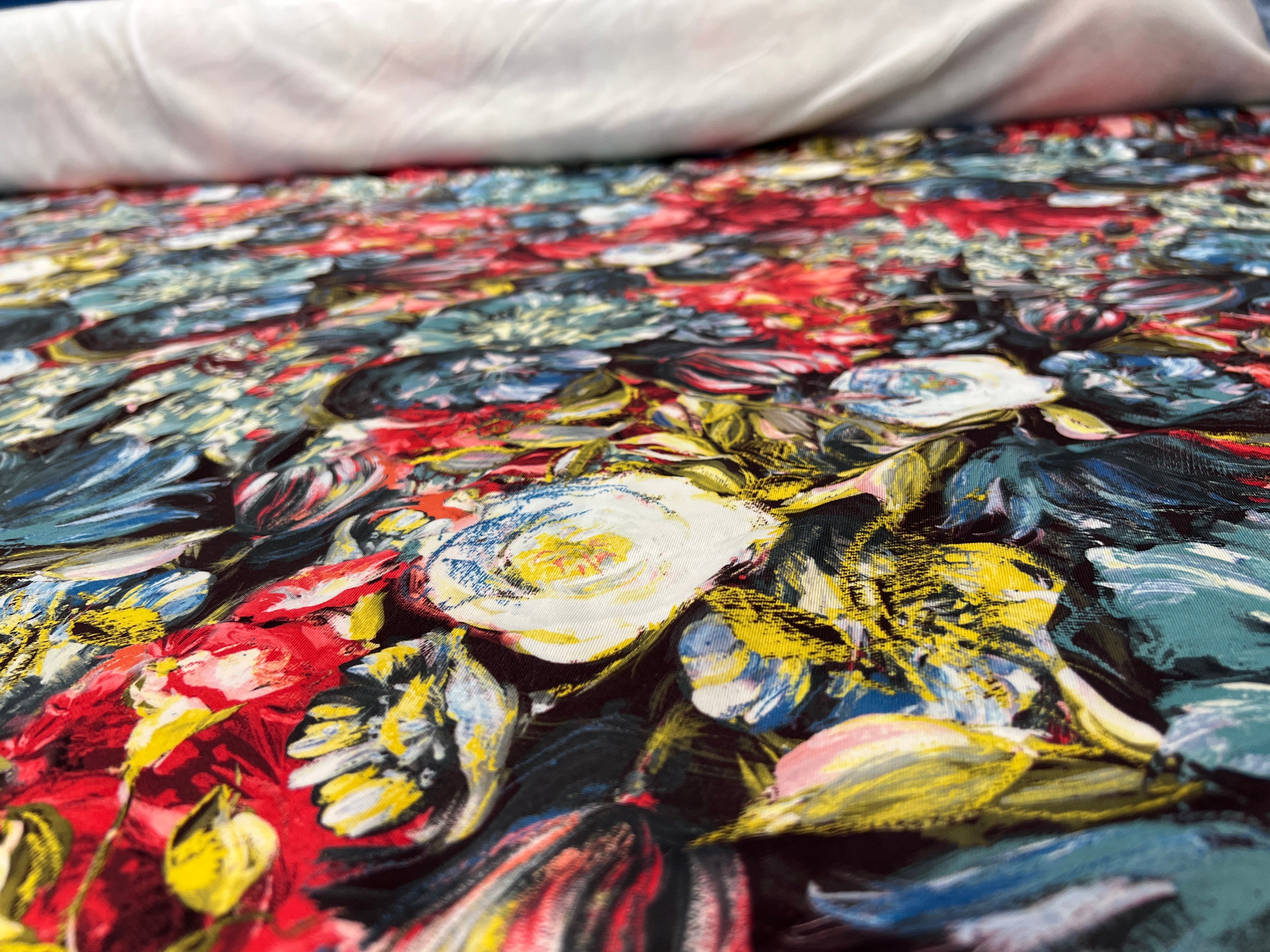 Abstract Floral Lightweight Scuba Fabric – Red Blue & Black Flower Print