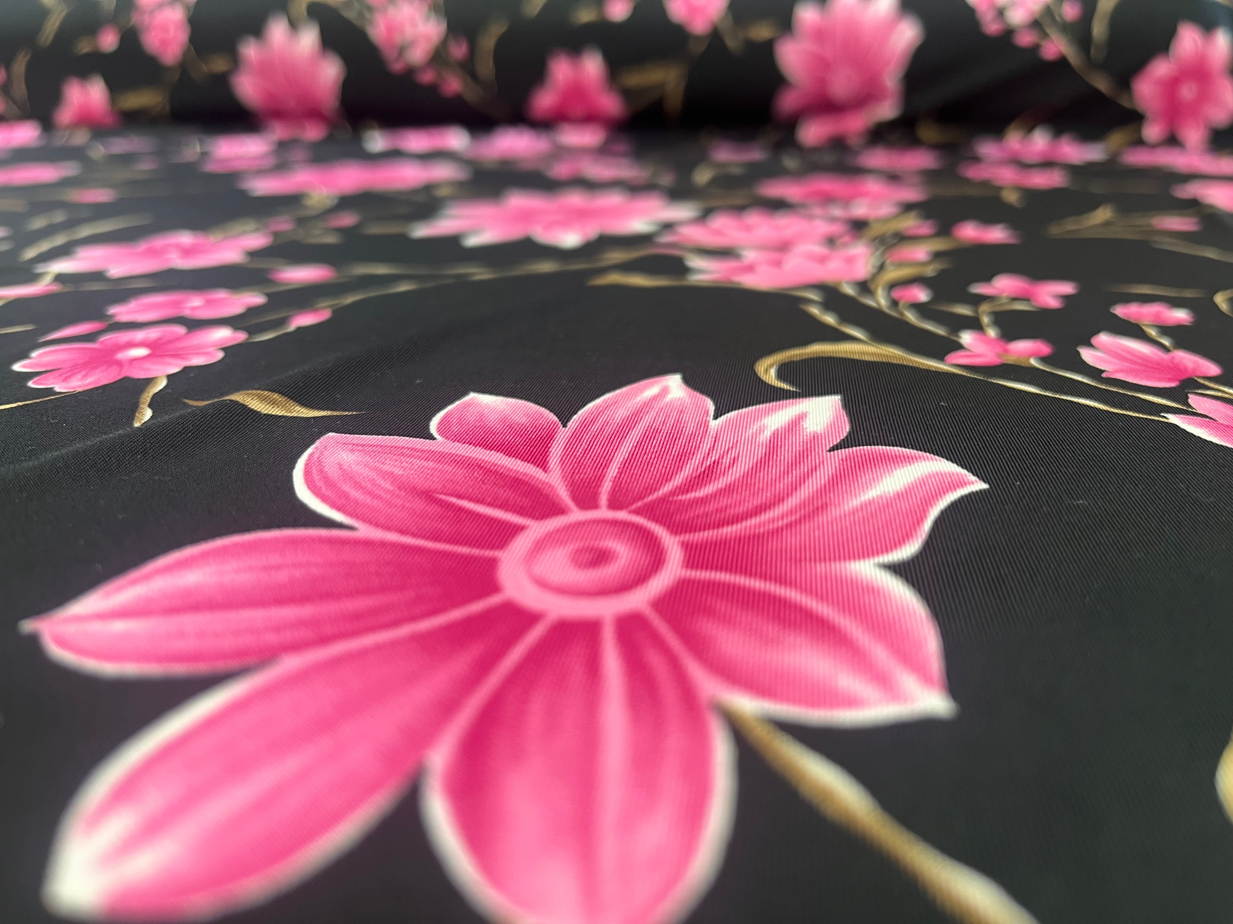 Black & Fuchsia Floral Soft Touch Slinky Fabric 143cm wide