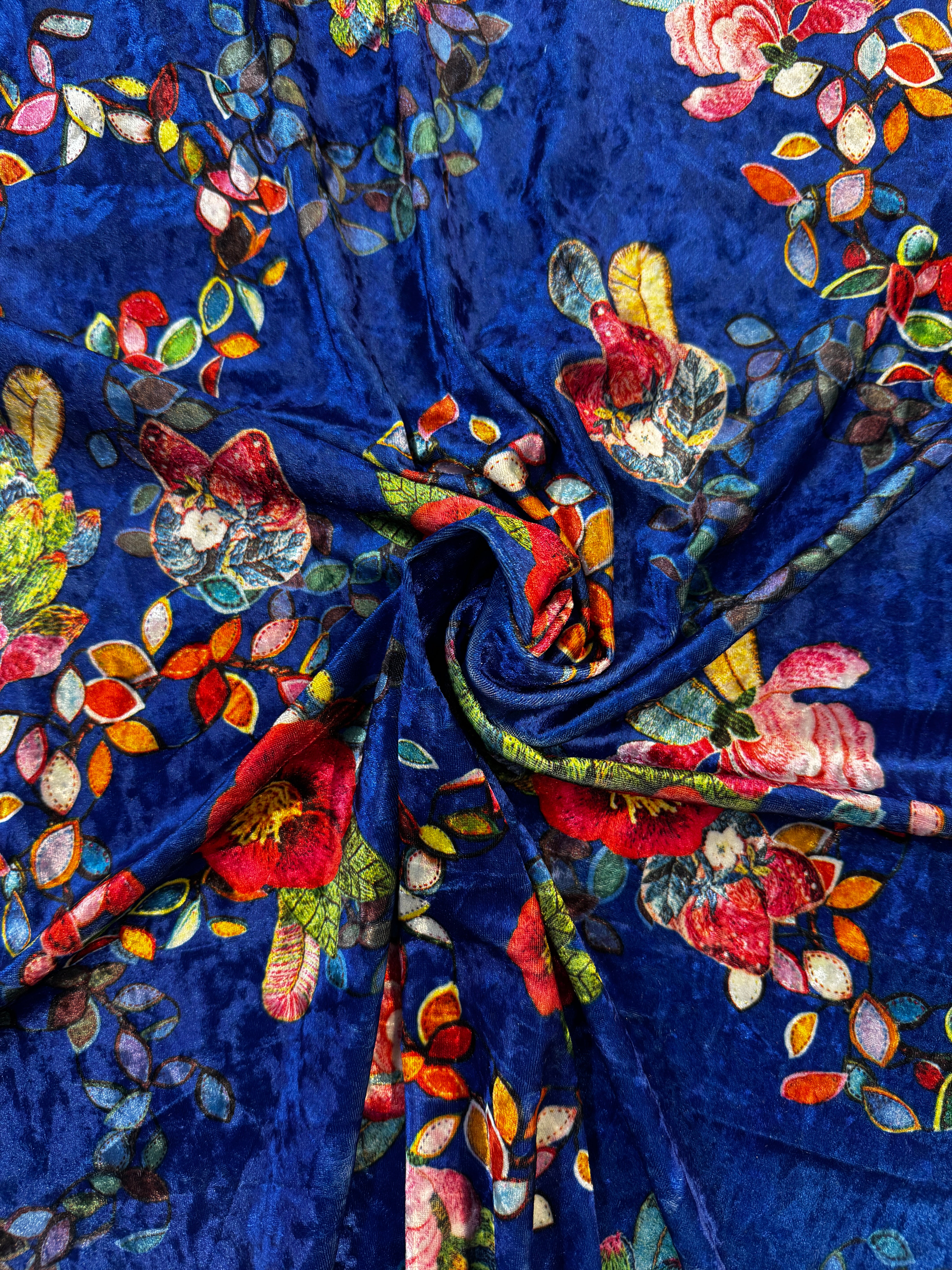Royal Blue Floral Crushed Velvet Fabric – Multicolour Botanical Velvet, 154cm Wide Luxury Dress Fabric