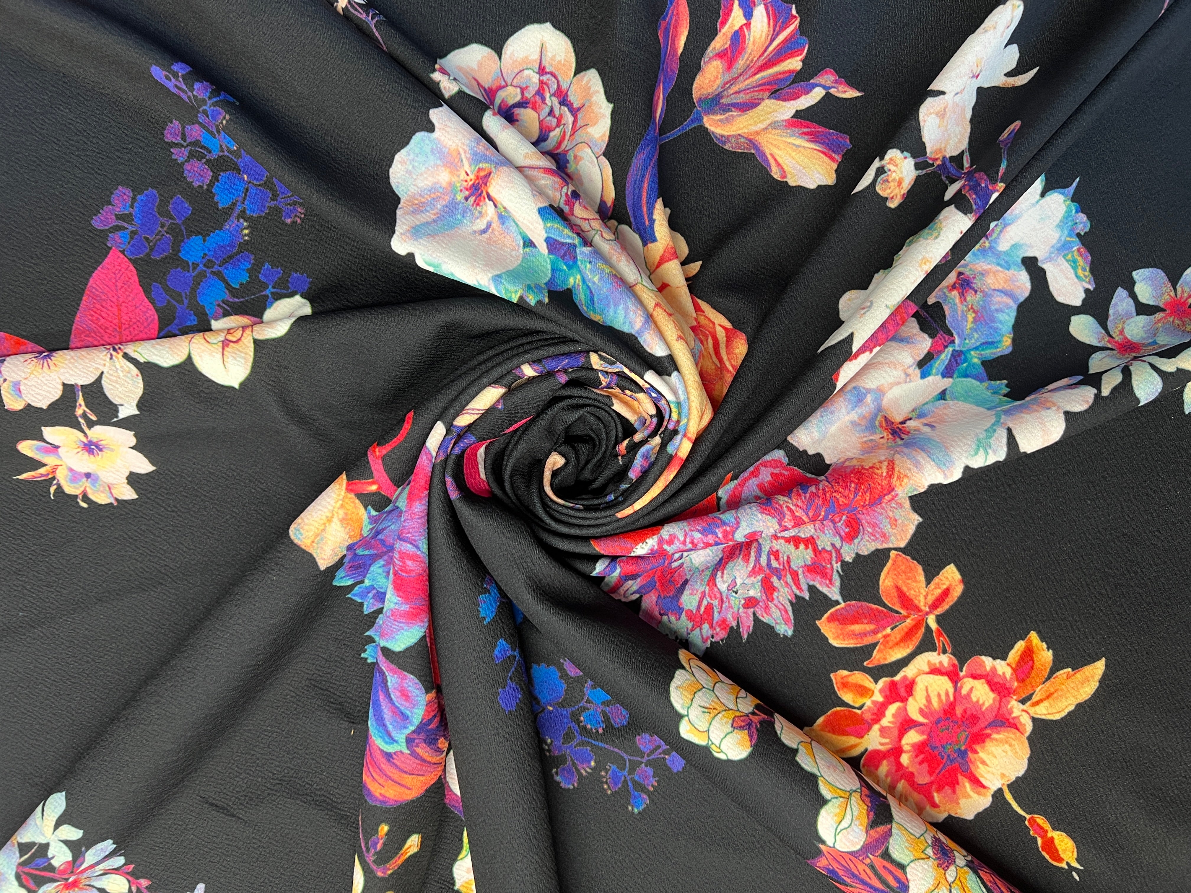 Black Multicolour Floral Liverpool Fabric – Textured Stretch Knit, 148cm Wide Dress Fabric