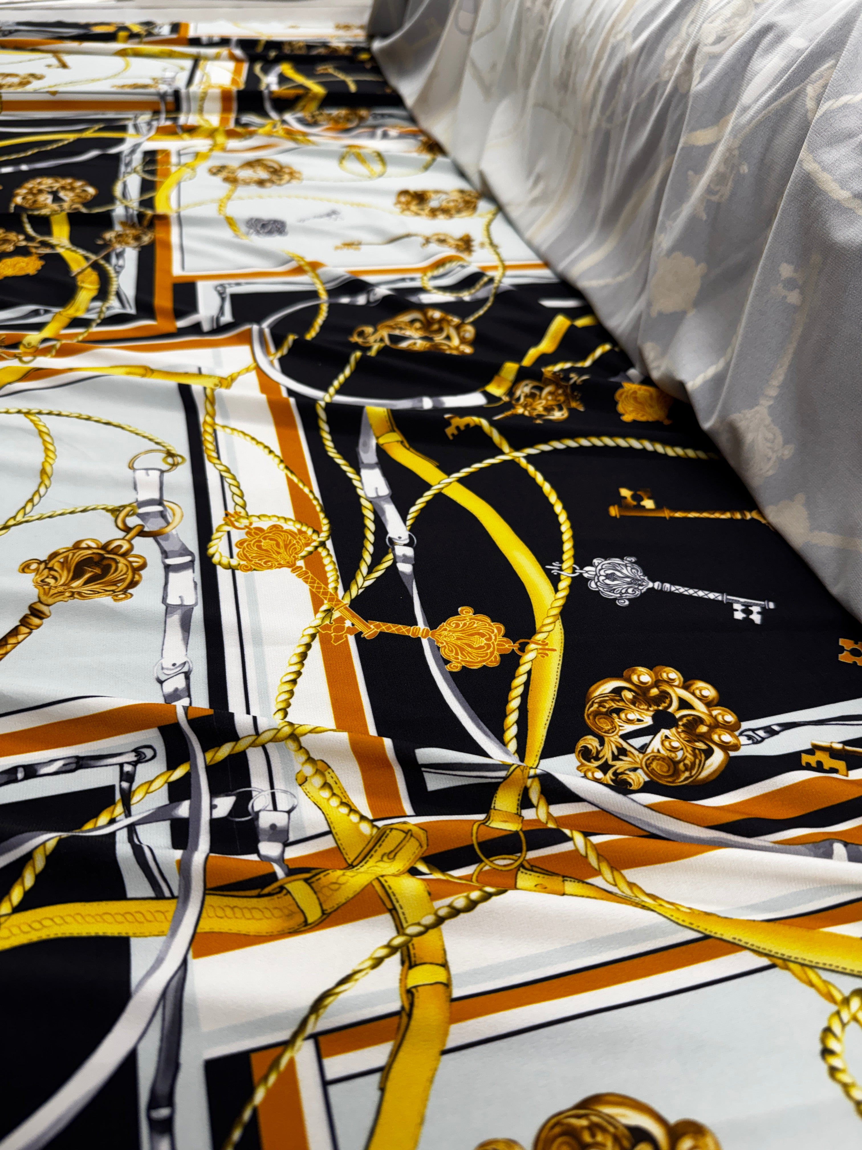 Chain & Key Print ITY Fabric – Black White Gold Scarf Style Stretch Jersey, 145cm Wide