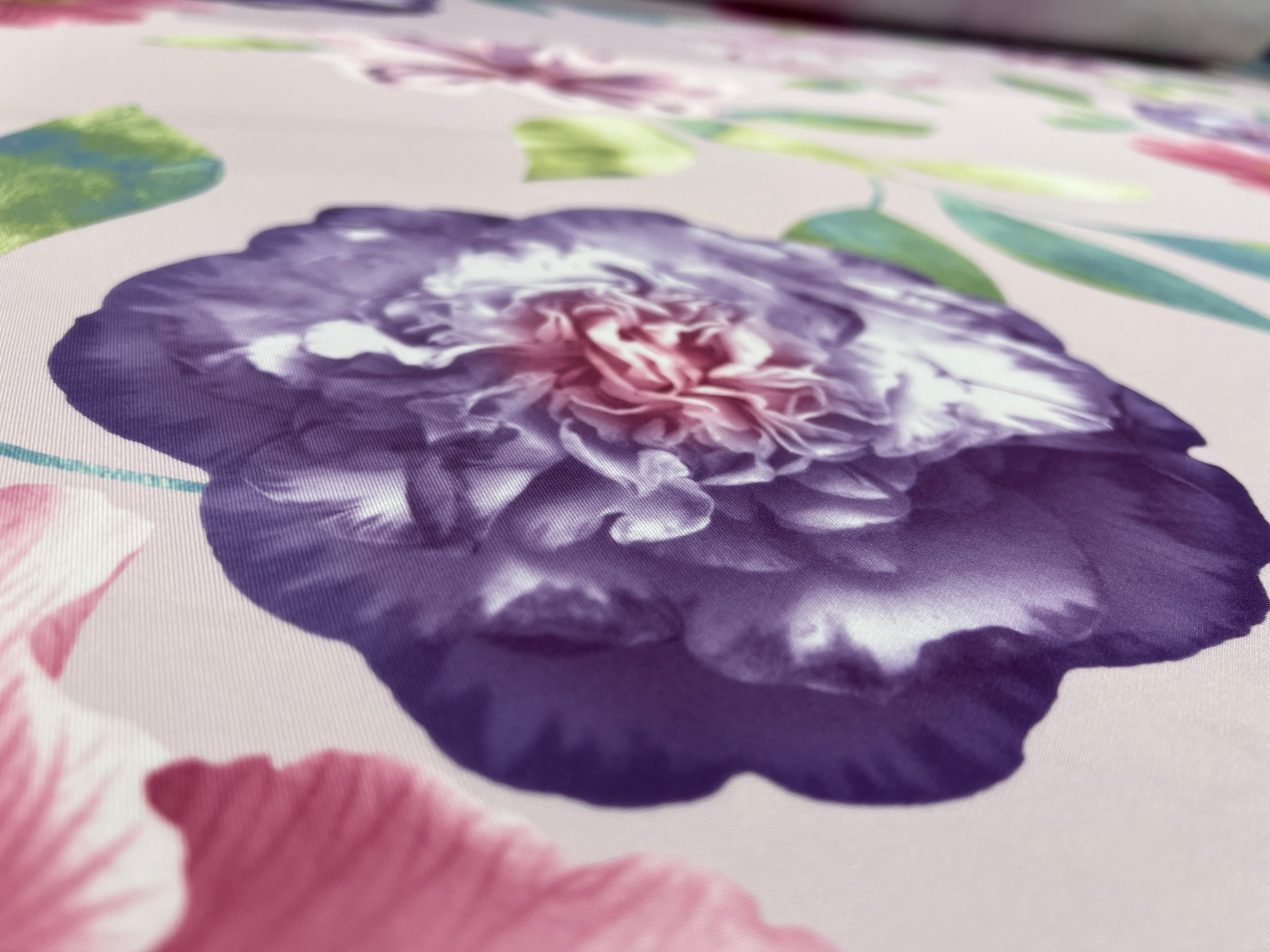 Blush Pink & Purple Watercolour Peony Floral Scuba Fabric – violet peonies and pink hibiscus with watercolour leaves on a blush pink ground