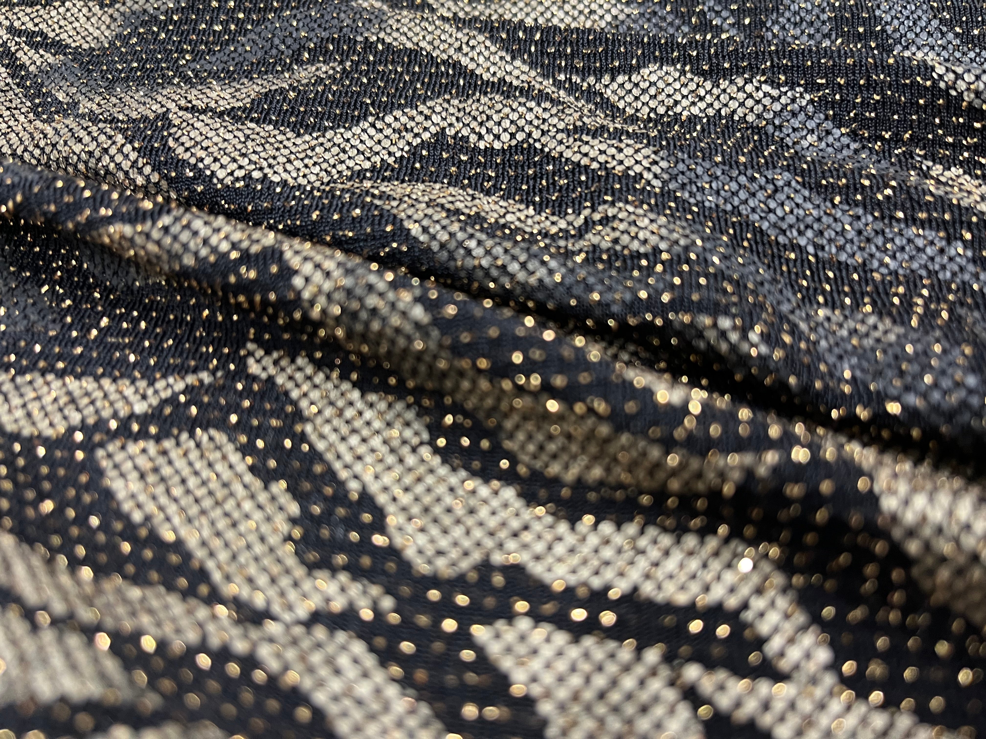 Black & Gold Zebra Print Lurex Fabric – Metallic Animal Print Stretch Lurex Material for Dresses & Performance Wear 155cm Wide