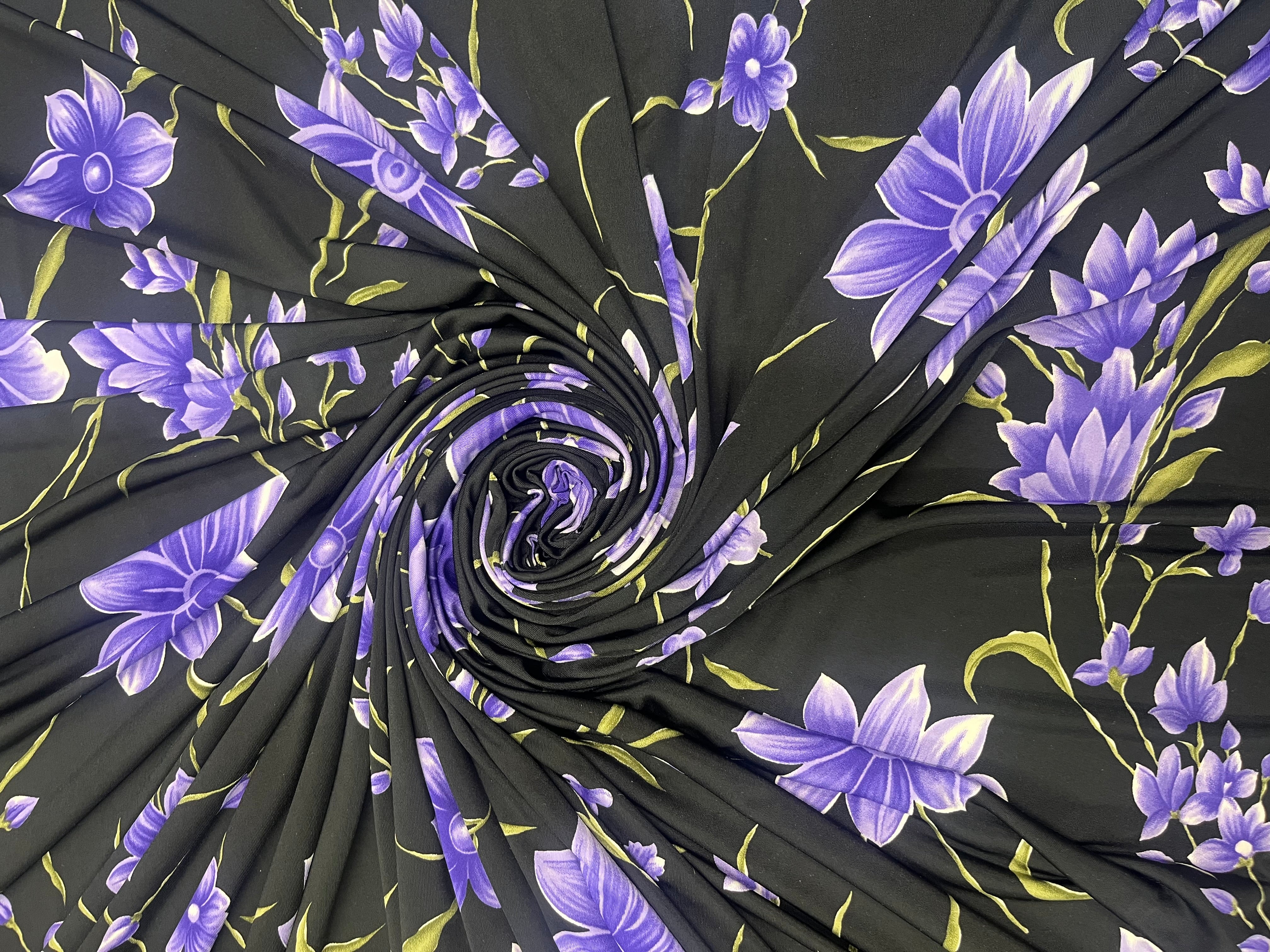 Black & Lavender Wildflower Floral Soft Touch Slinky Fabric 141cm Wide