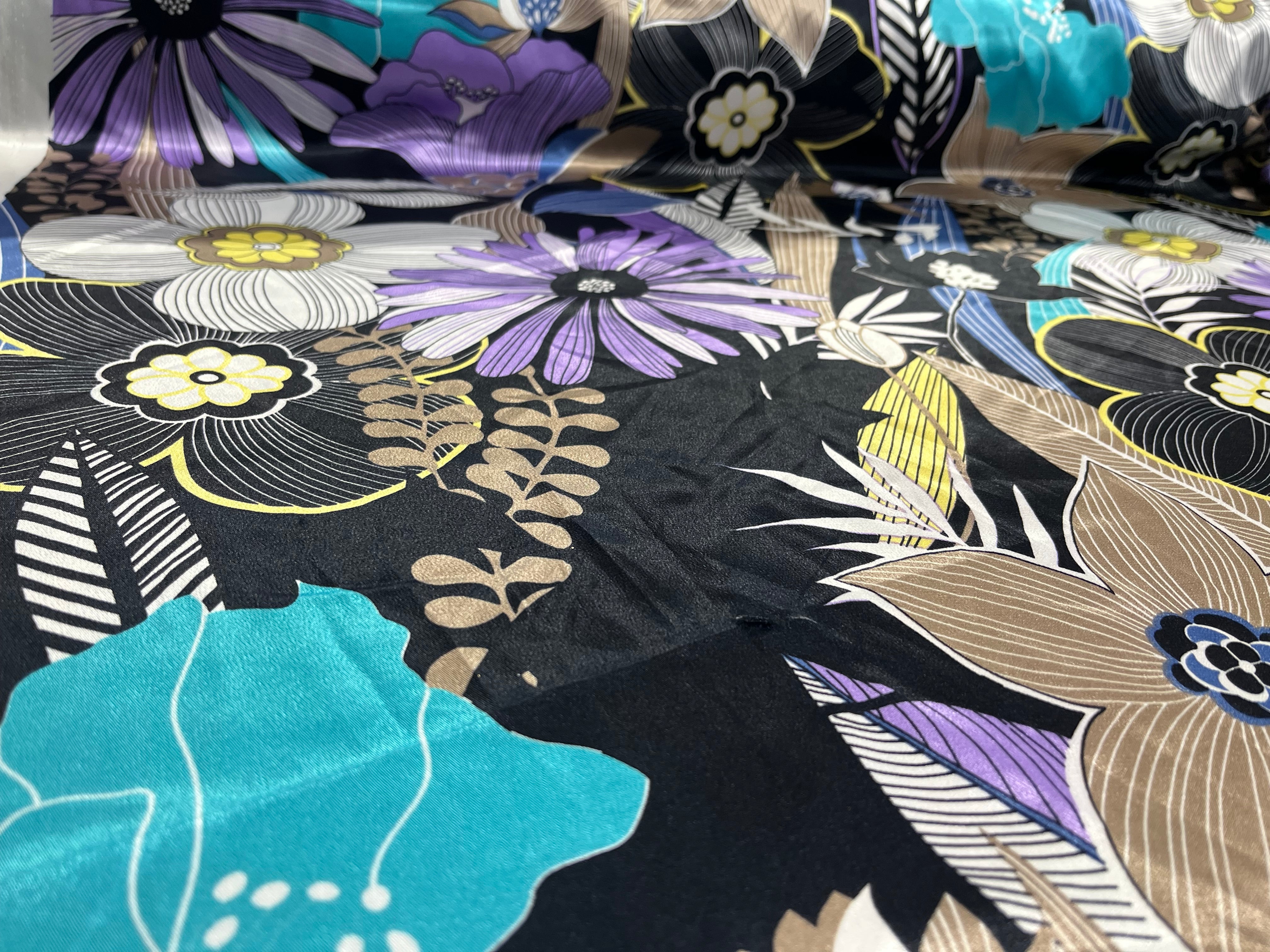 Black Satin Floral Fabric Purple Teal Gold Flower Print Dress Craft 143cm Wide