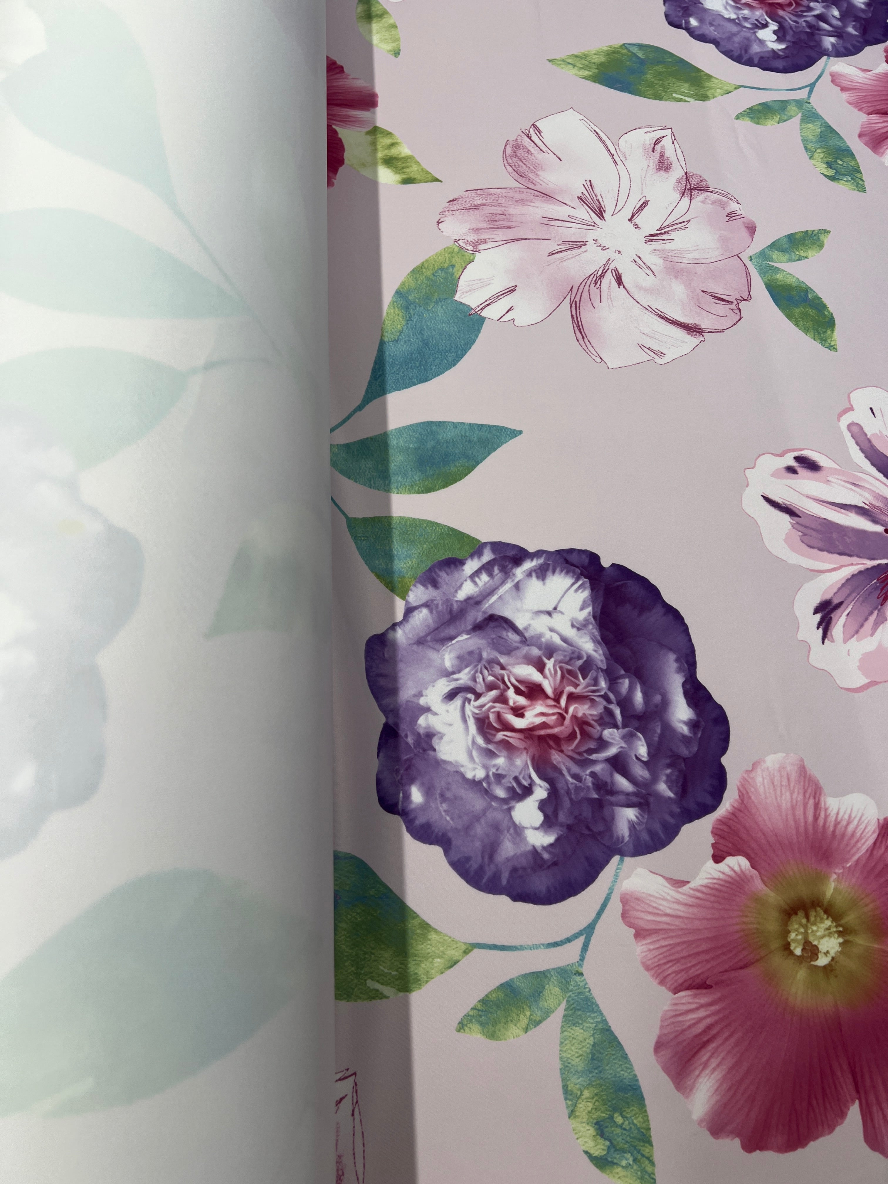 Blush Pink & Purple Watercolour Peony Floral Scuba Fabric – violet peonies and pink hibiscus with watercolour leaves on a blush pink ground