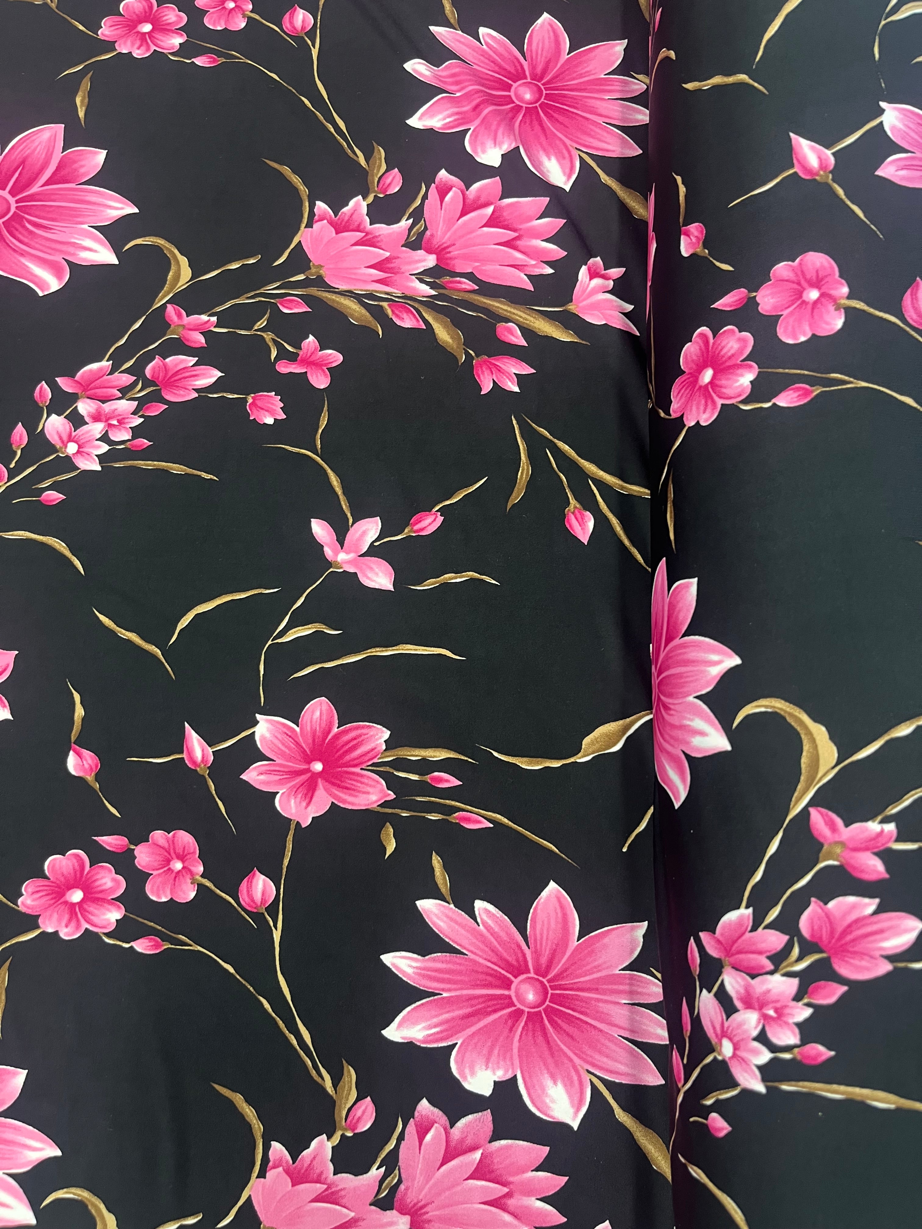 Black & Fuchsia Floral Soft Touch Slinky Fabric 143cm wide