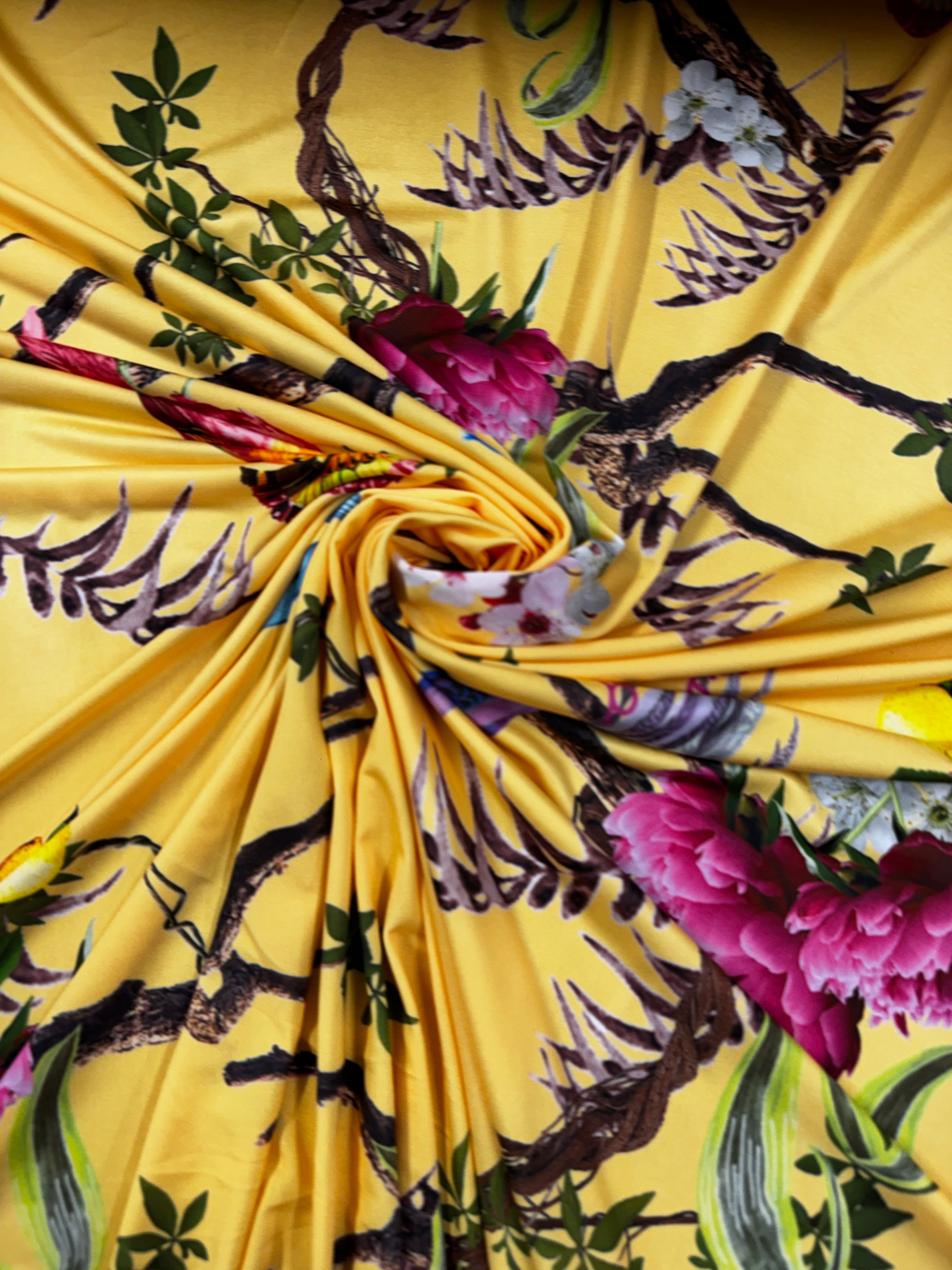 Yellow Bird & Blossom Slinky Fabric – Soft Touch Stretch Jersey, 147cm Wide