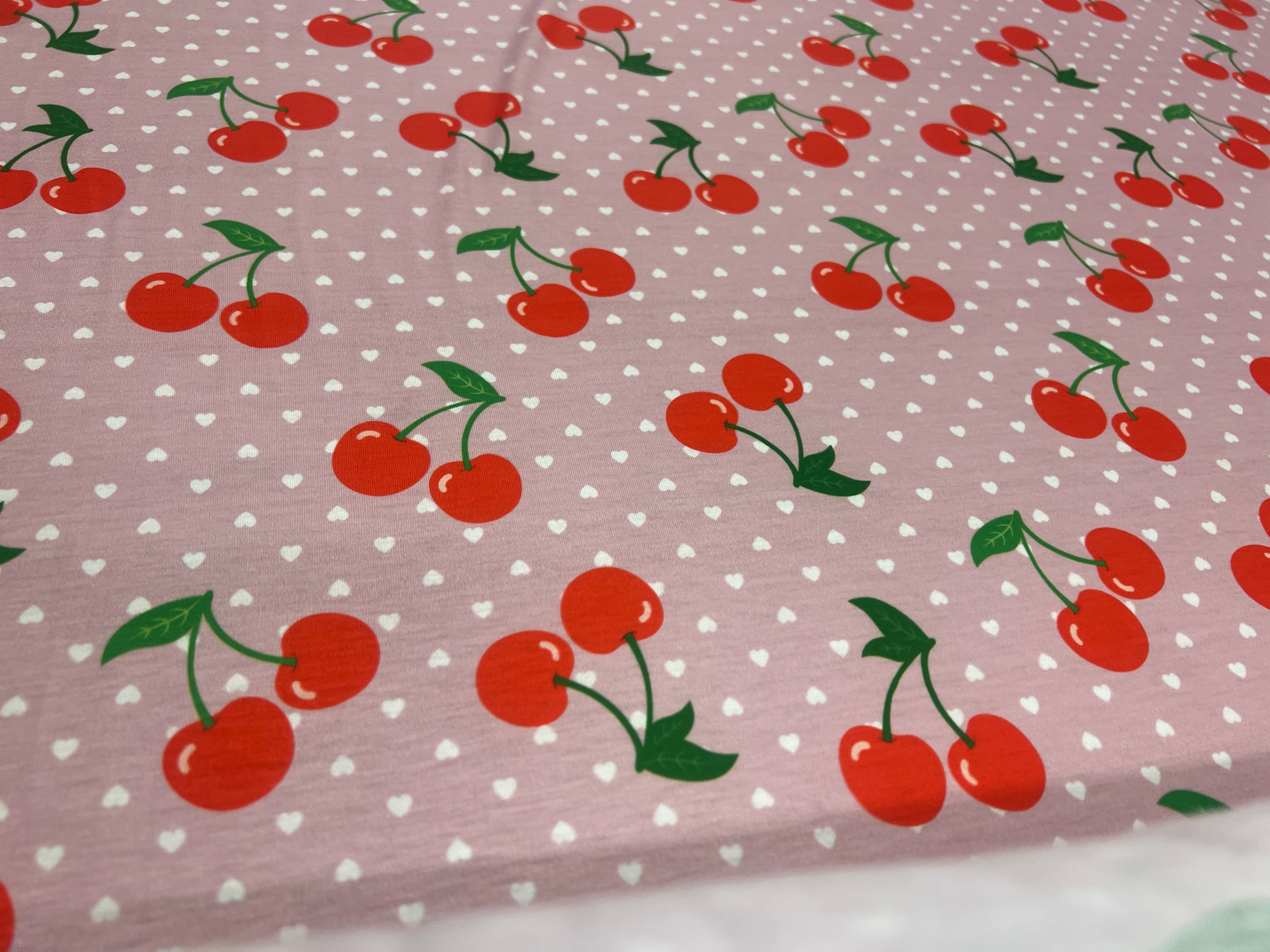 Pink Cherry & Heart Print Spun Polyester Fabric