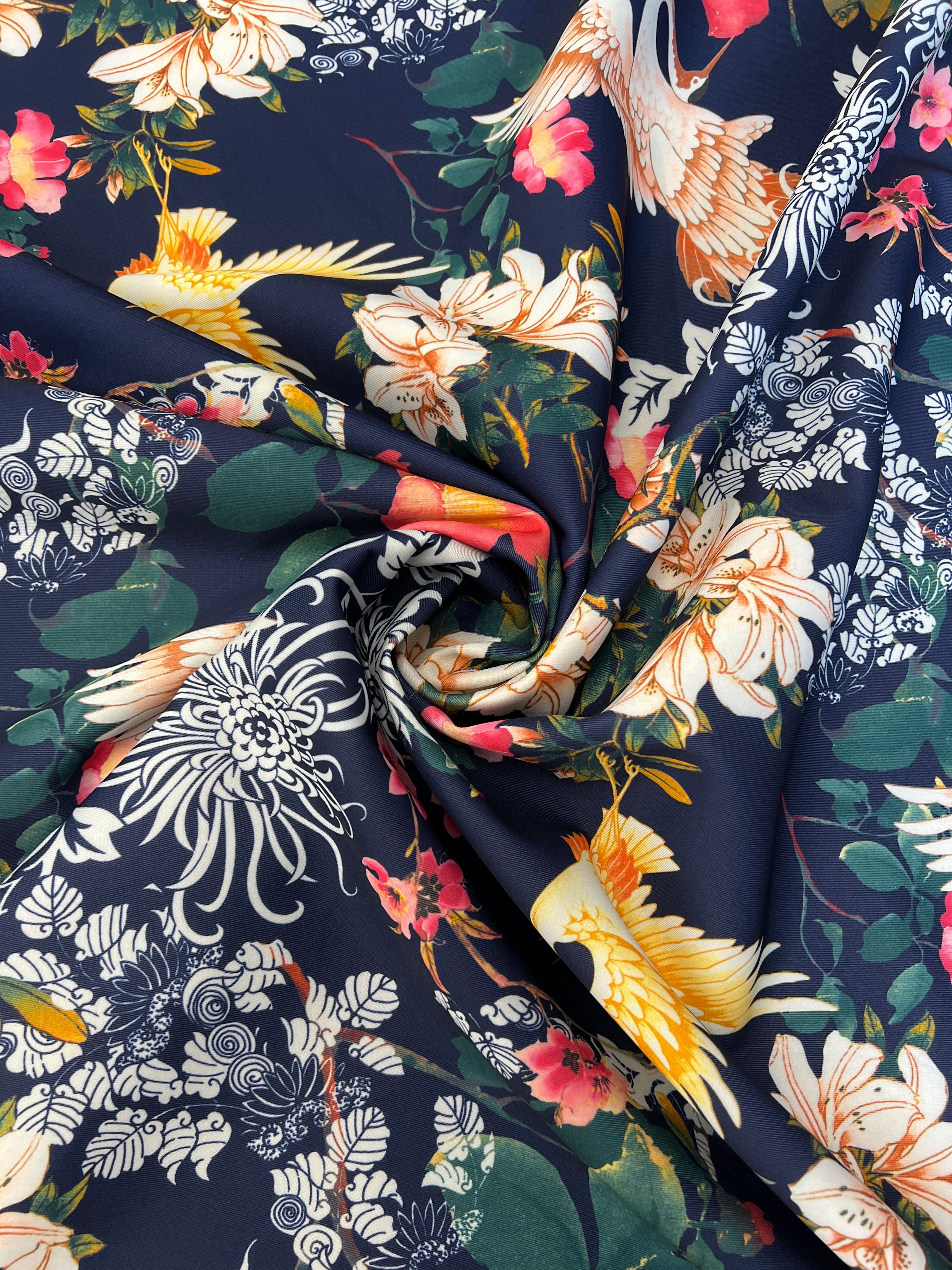 Navy Oriental Crane Floral Scuba Fabric – Japanese Botanical Print