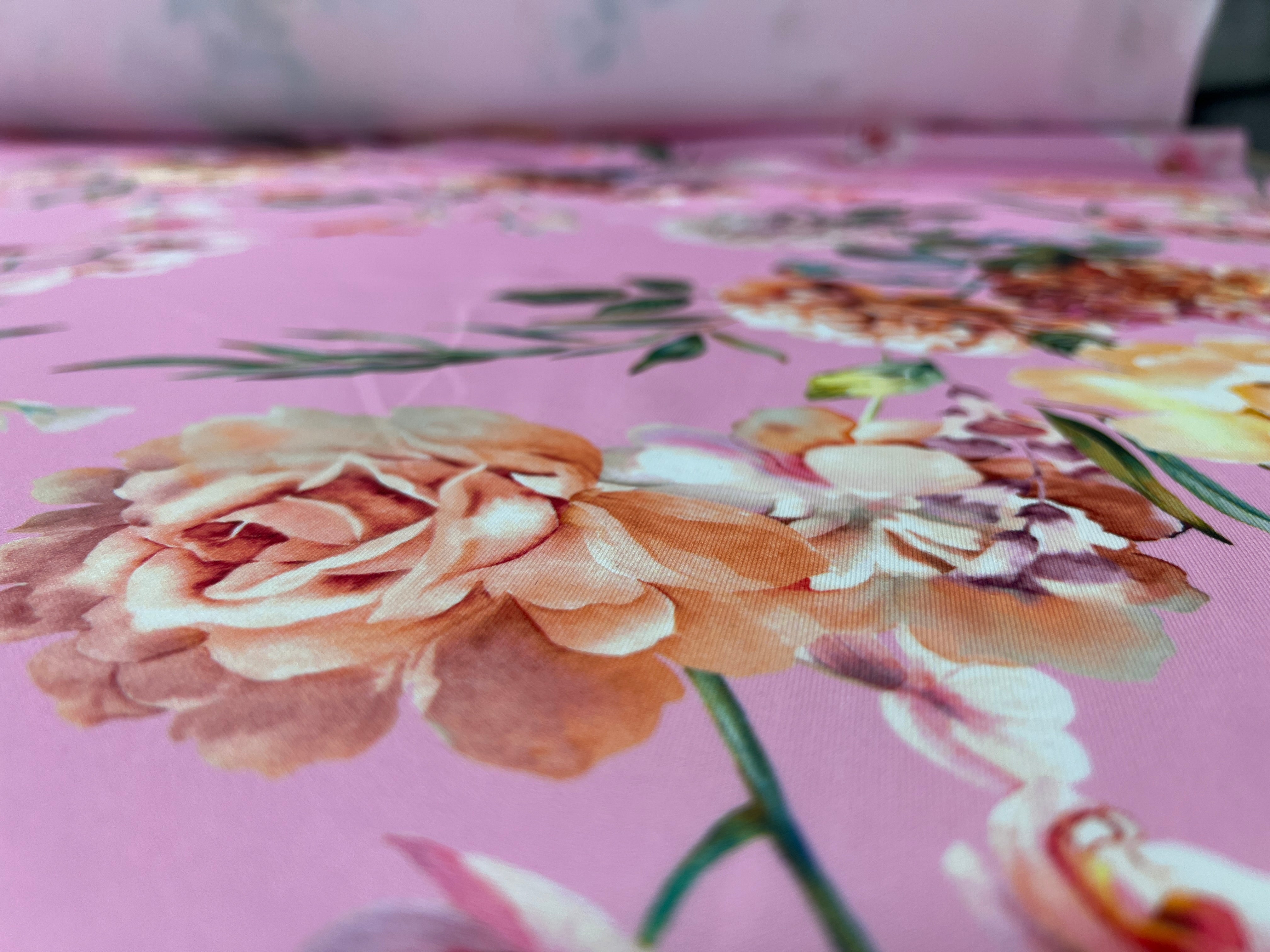Pink Floral Scuba Fabric – Large Rose  Hydrangea Print