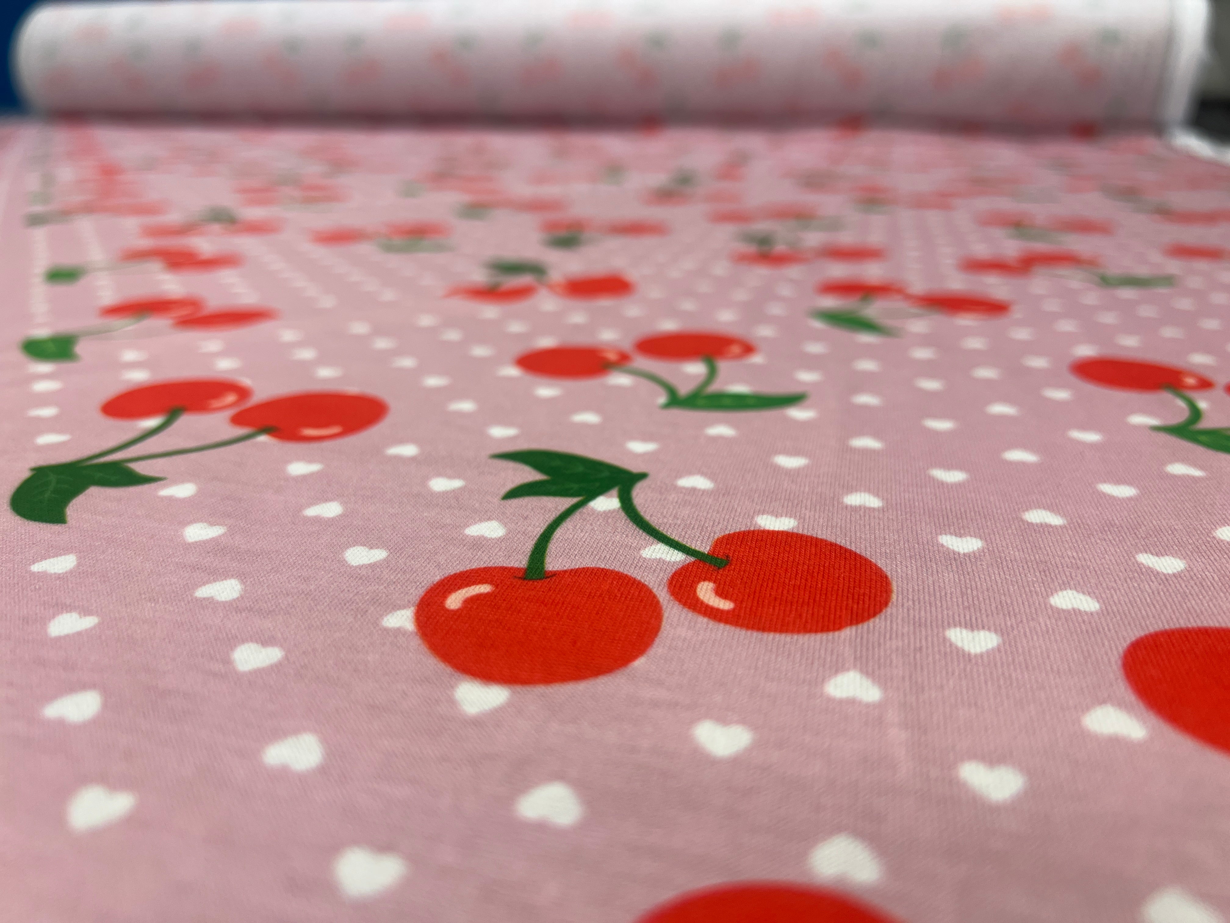 Pink Cherry & Heart Print Spun Polyester Fabric