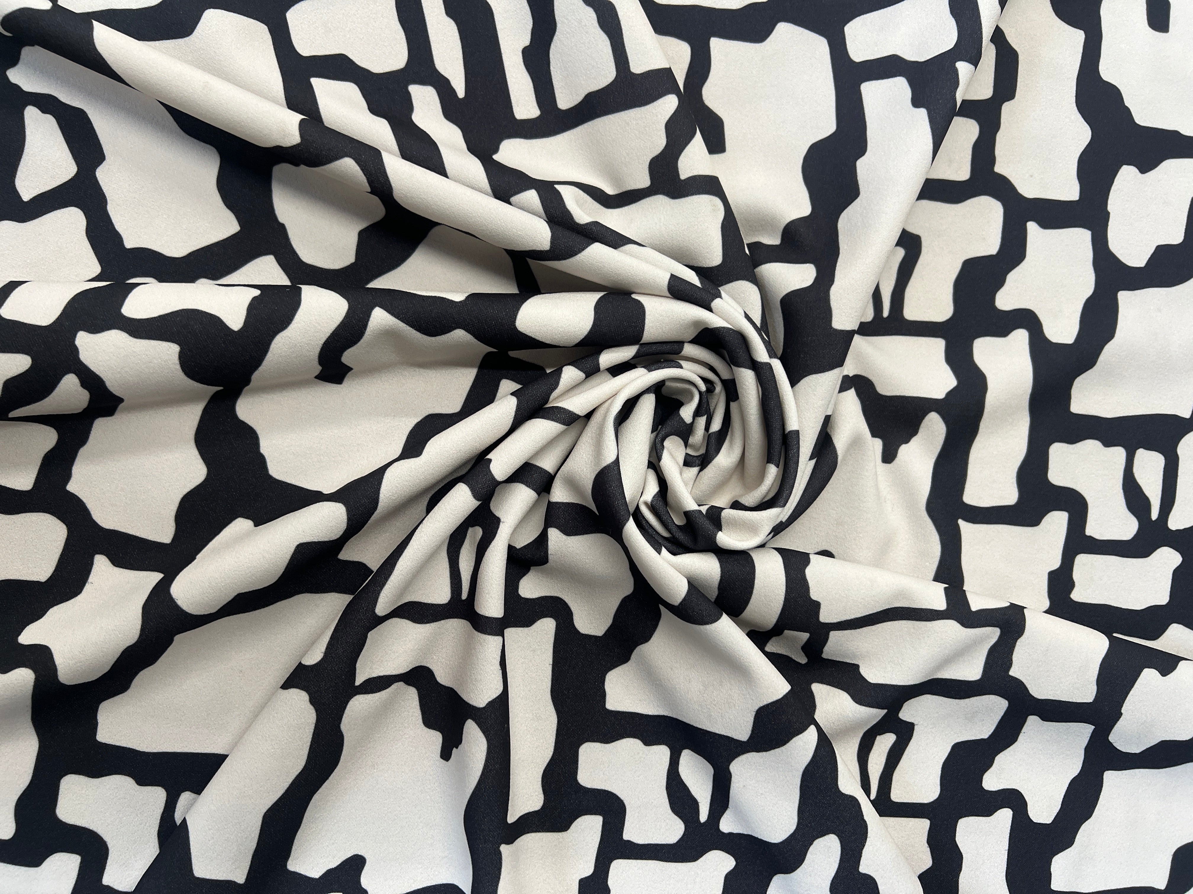 Black White Abstract Scuba Crepe Stretch Jersey Dressmaking Fabric