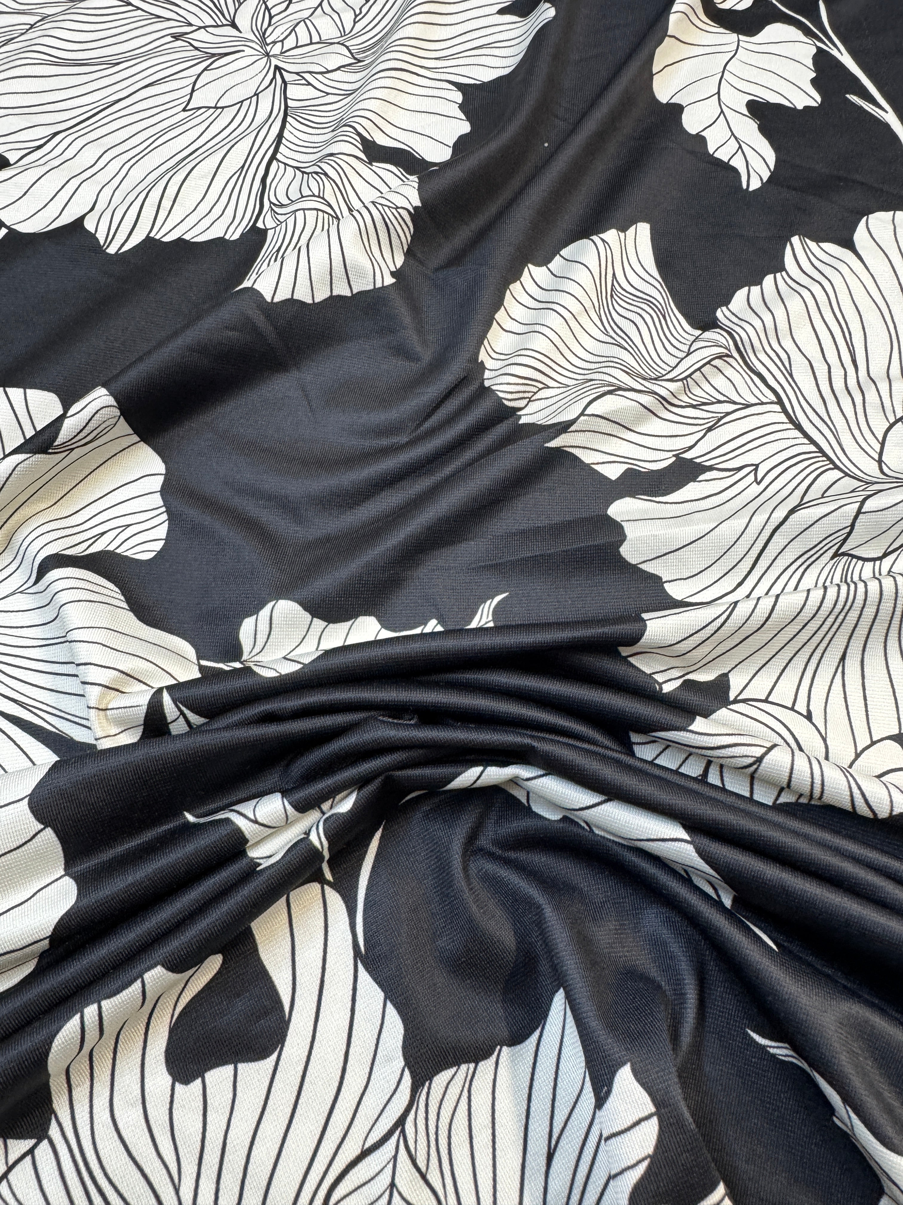 Black & White Floral Slinky Fabric – Soft Touch Stretch Jersey, 149cm Wide