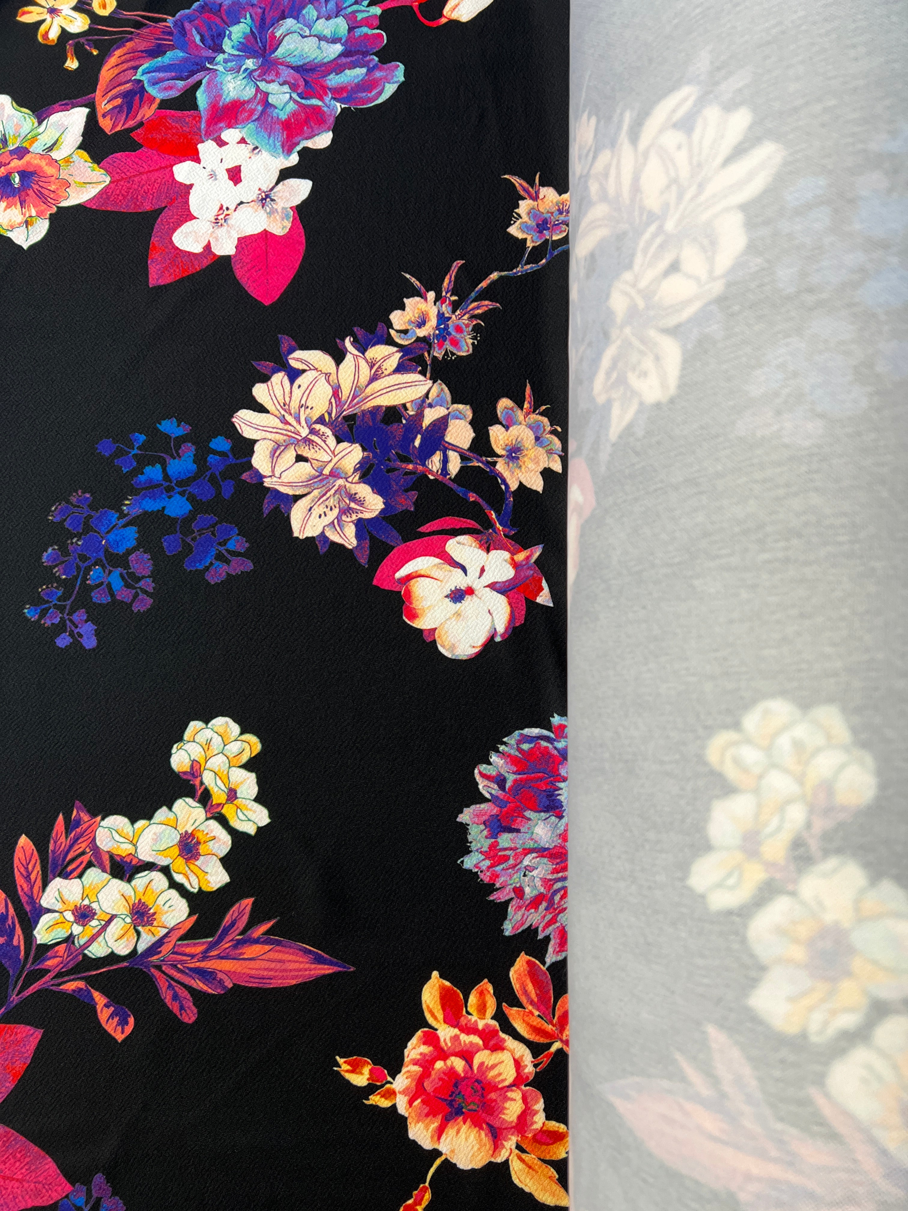 Black Multicolour Floral Liverpool Fabric – Textured Stretch Knit, 148cm Wide Dress Fabric