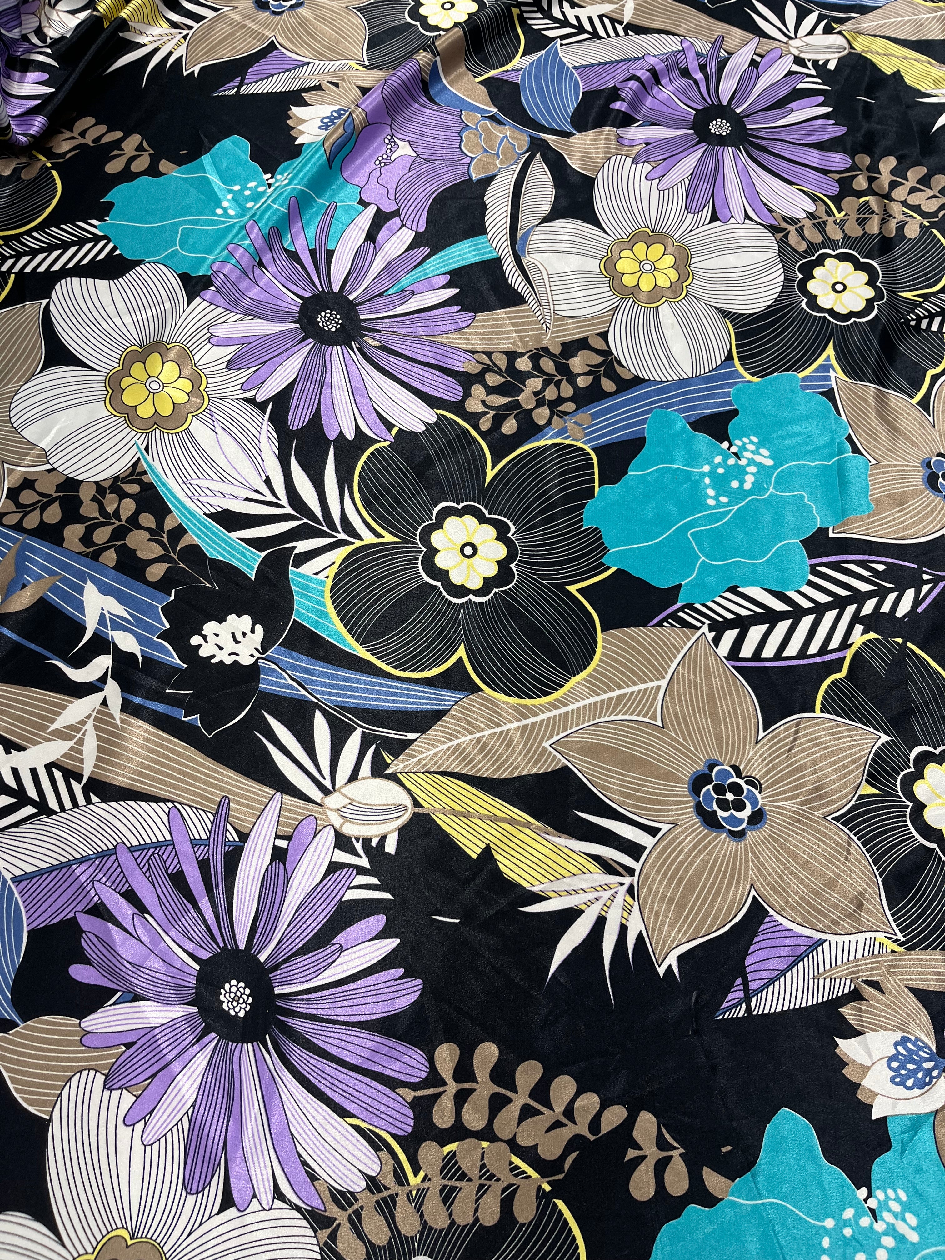 Black Satin Floral Fabric Purple Teal Gold Flower Print Dress Craft 143cm Wide