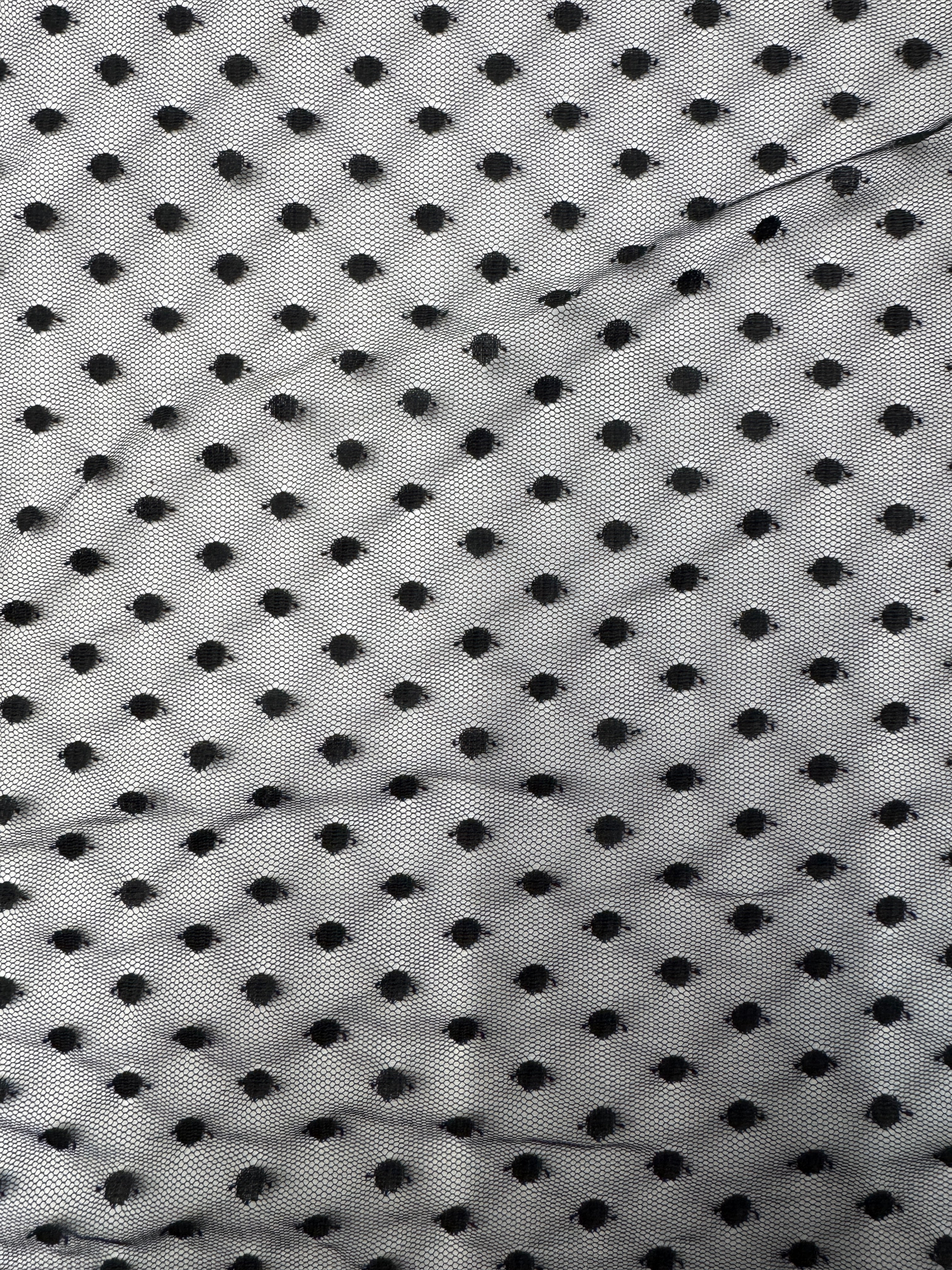 Black Flocked Polka Dot Dobby Mesh Two-Way Stretch, 135cm Wide