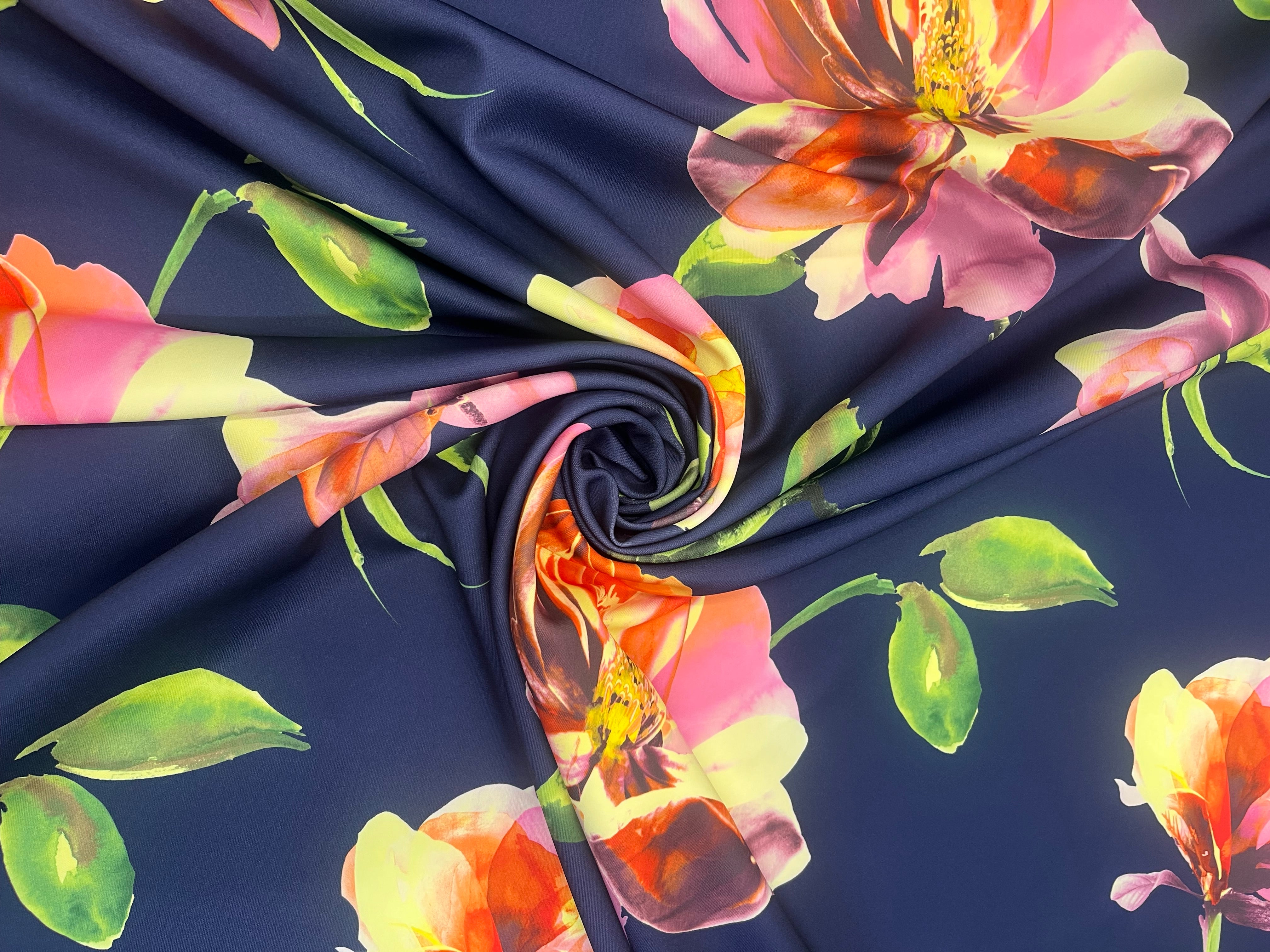 Midnight Garden Watercolor Floral Scuba Fabric 143cm