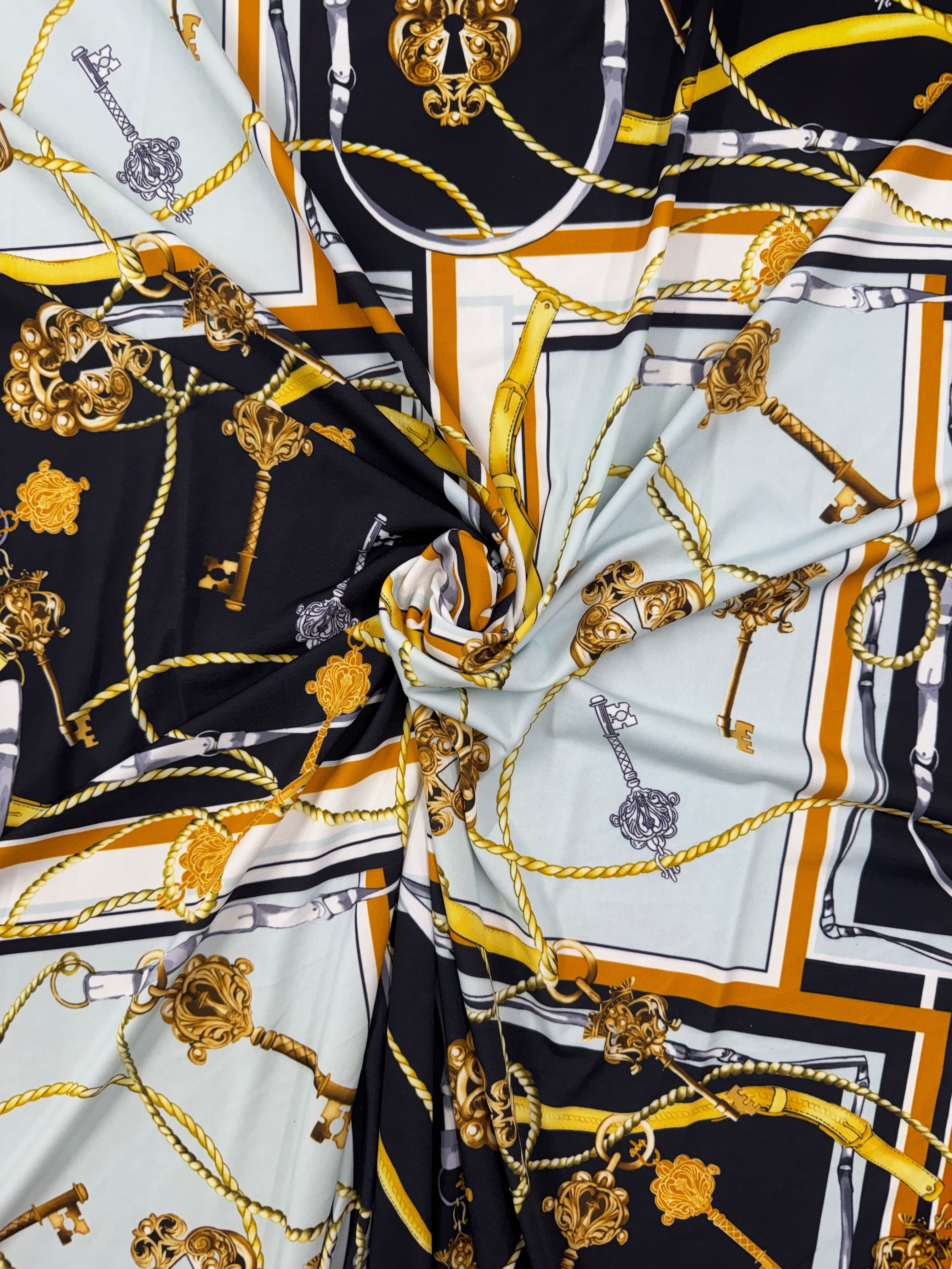 Chain & Key Print ITY Fabric – Black White Gold Scarf Style Stretch Jersey, 145cm Wide