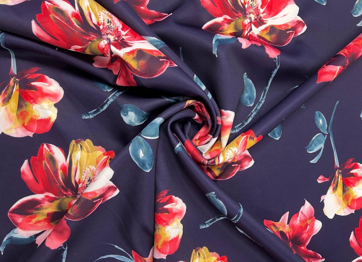 Navy Watercolour Floral Scuba Fabric – Red & Teal Blooms