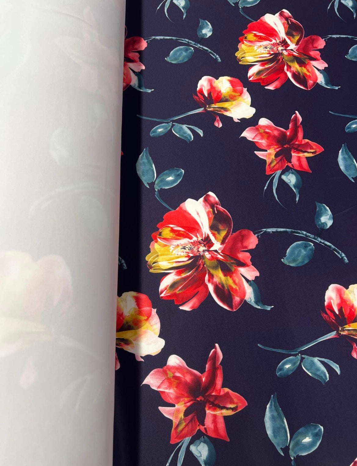 Navy Watercolour Floral Scuba Fabric – Red & Teal Blooms
