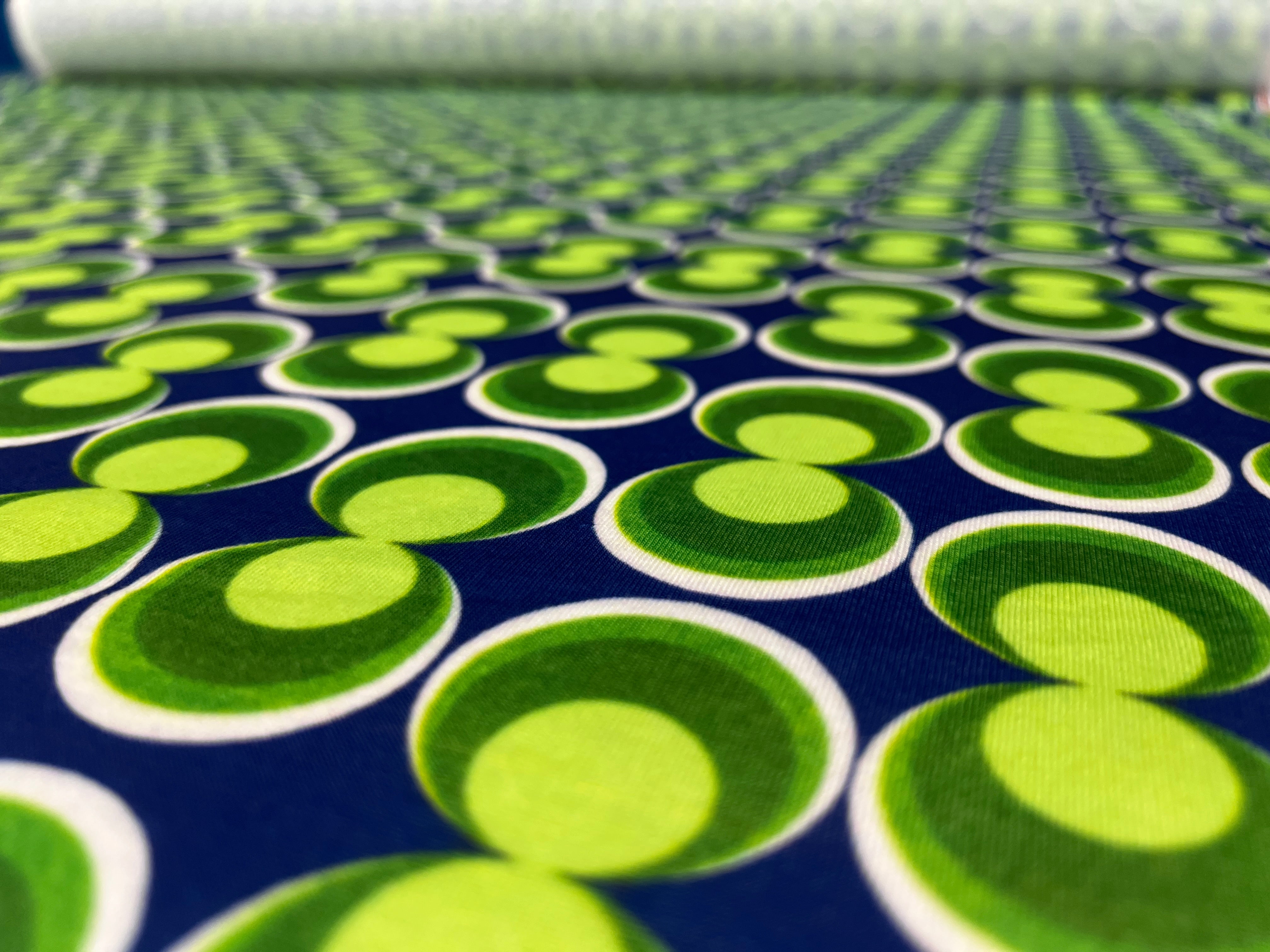 Blue & Green Retro Geometric Spun Polyester Fabric – Circle Print Dress Fabric, 153cm Wide