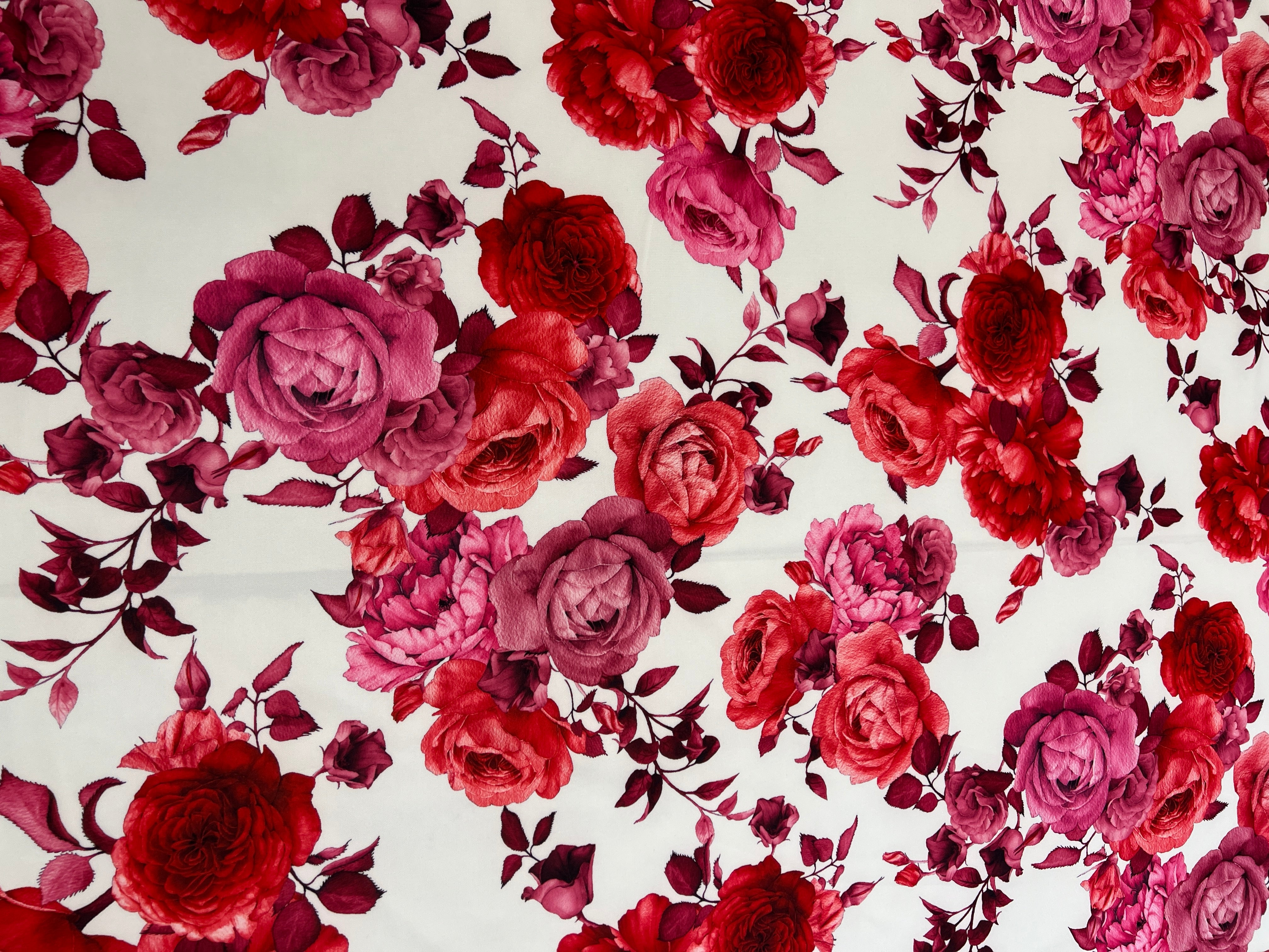 Crimson Rose Floral Scuba Fabric – White, Red & Pink
