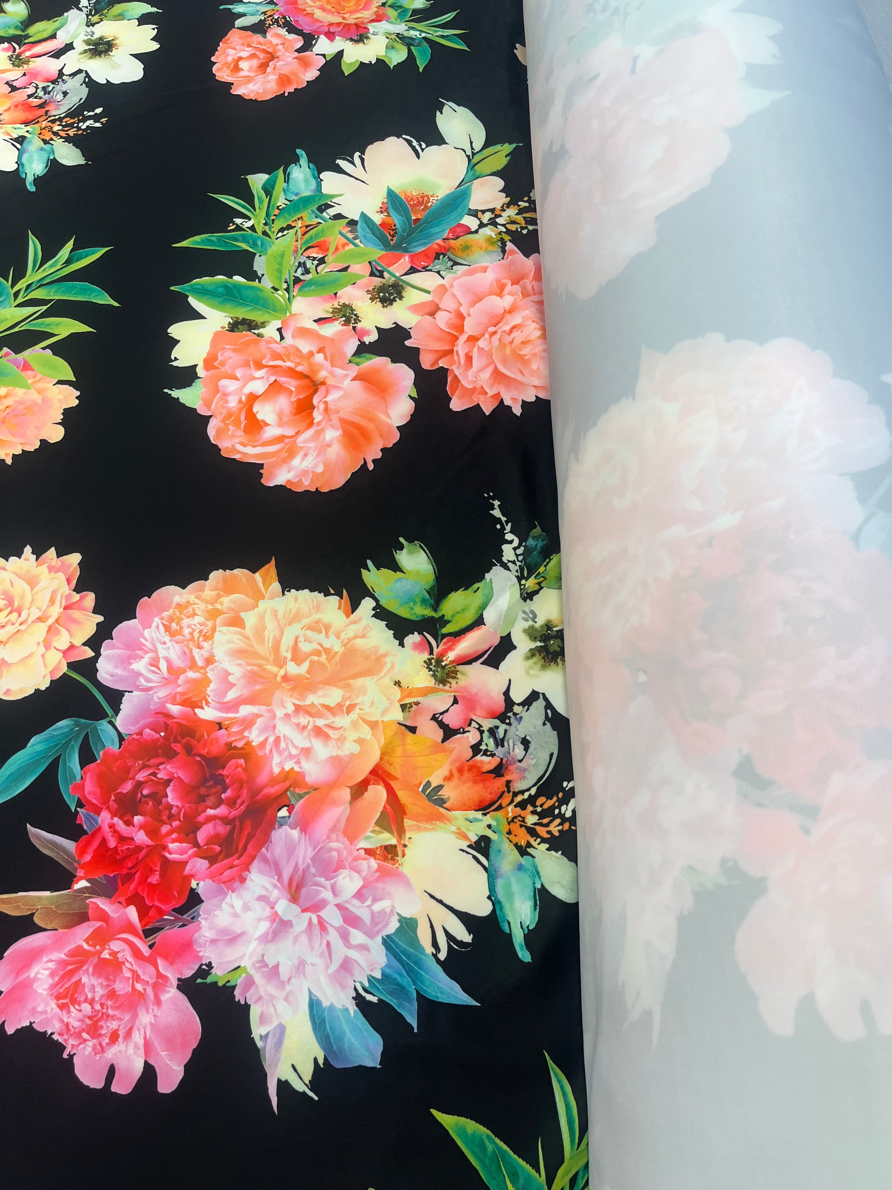Black Peony Floral Print Scuba Fabric – Vibrant Garden Bloom