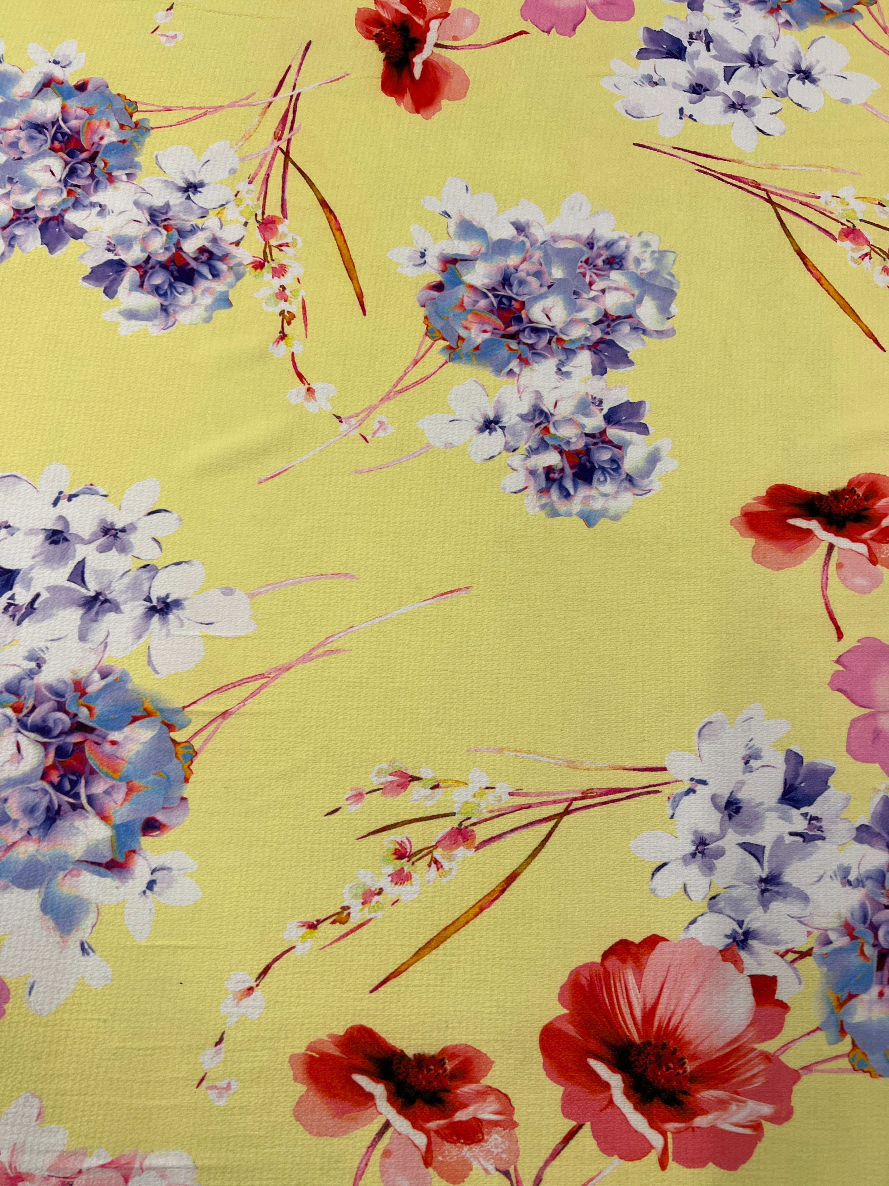 Yellow Floral Bubble Crepe Fabric Dress Material Summer Soft 148cm Wide