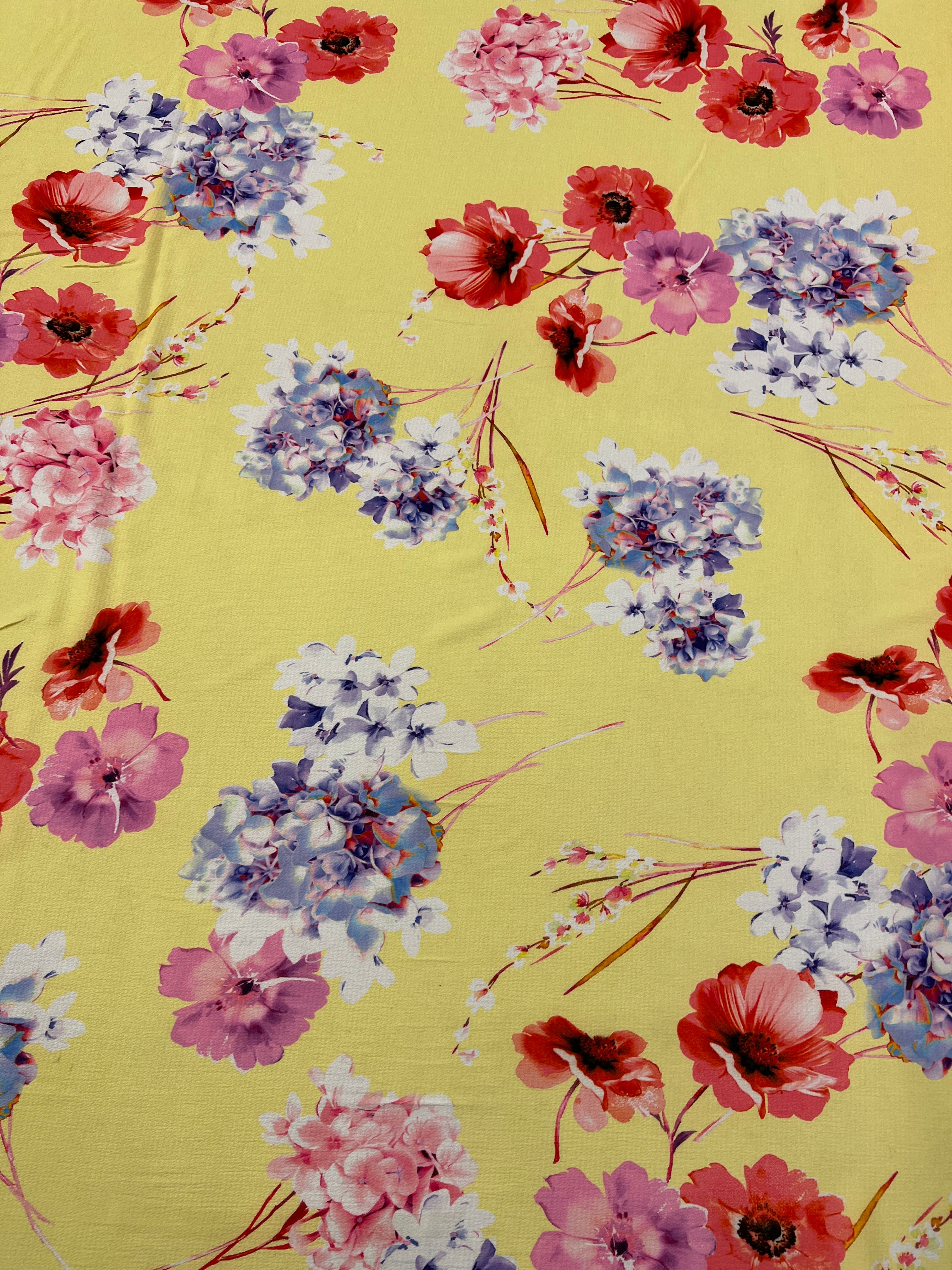 Yellow Floral Bubble Crepe Fabric Dress Material Summer Soft 148cm Wide