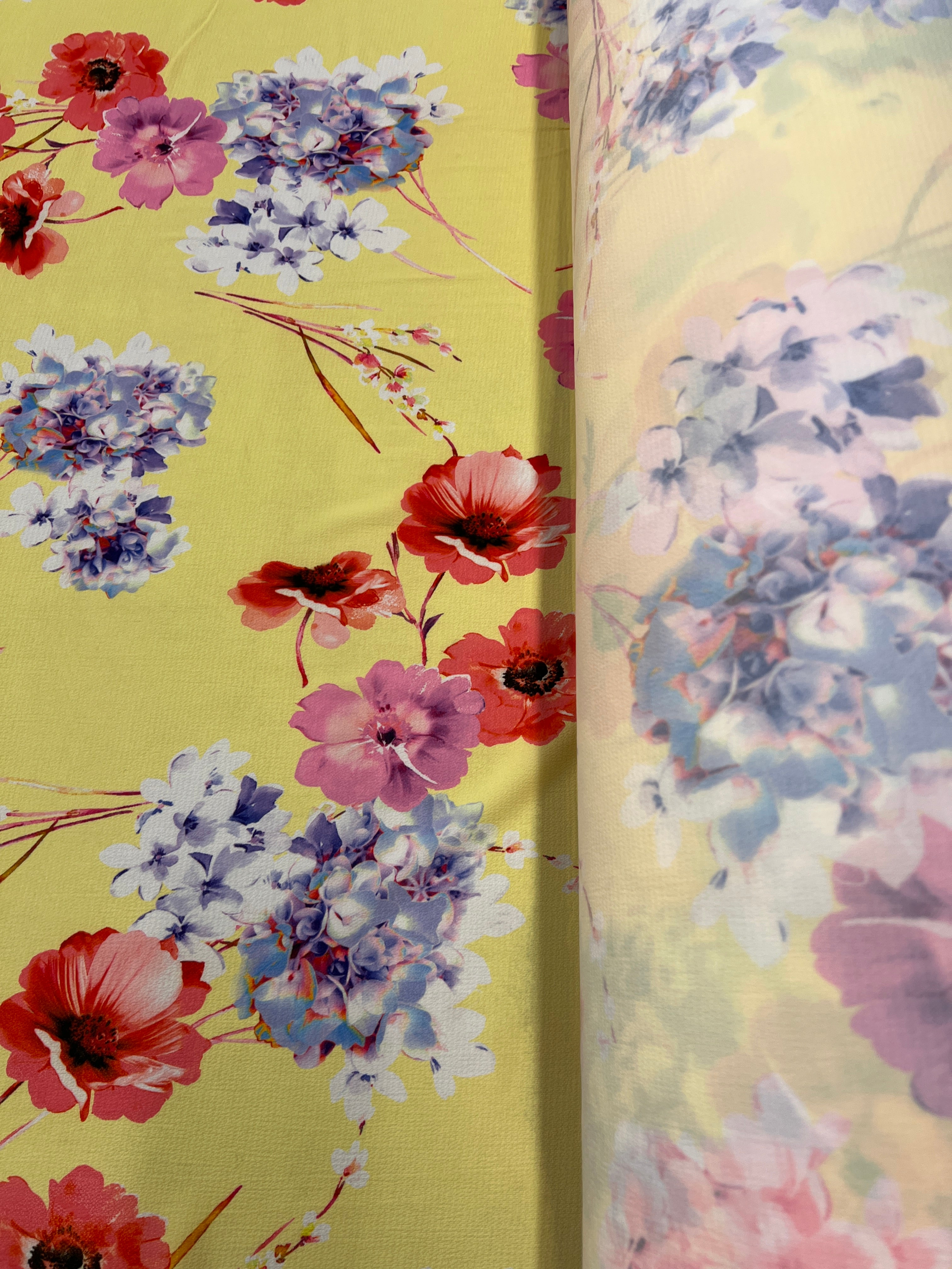Yellow Floral Bubble Crepe Fabric Dress Material Summer Soft 148cm Wide
