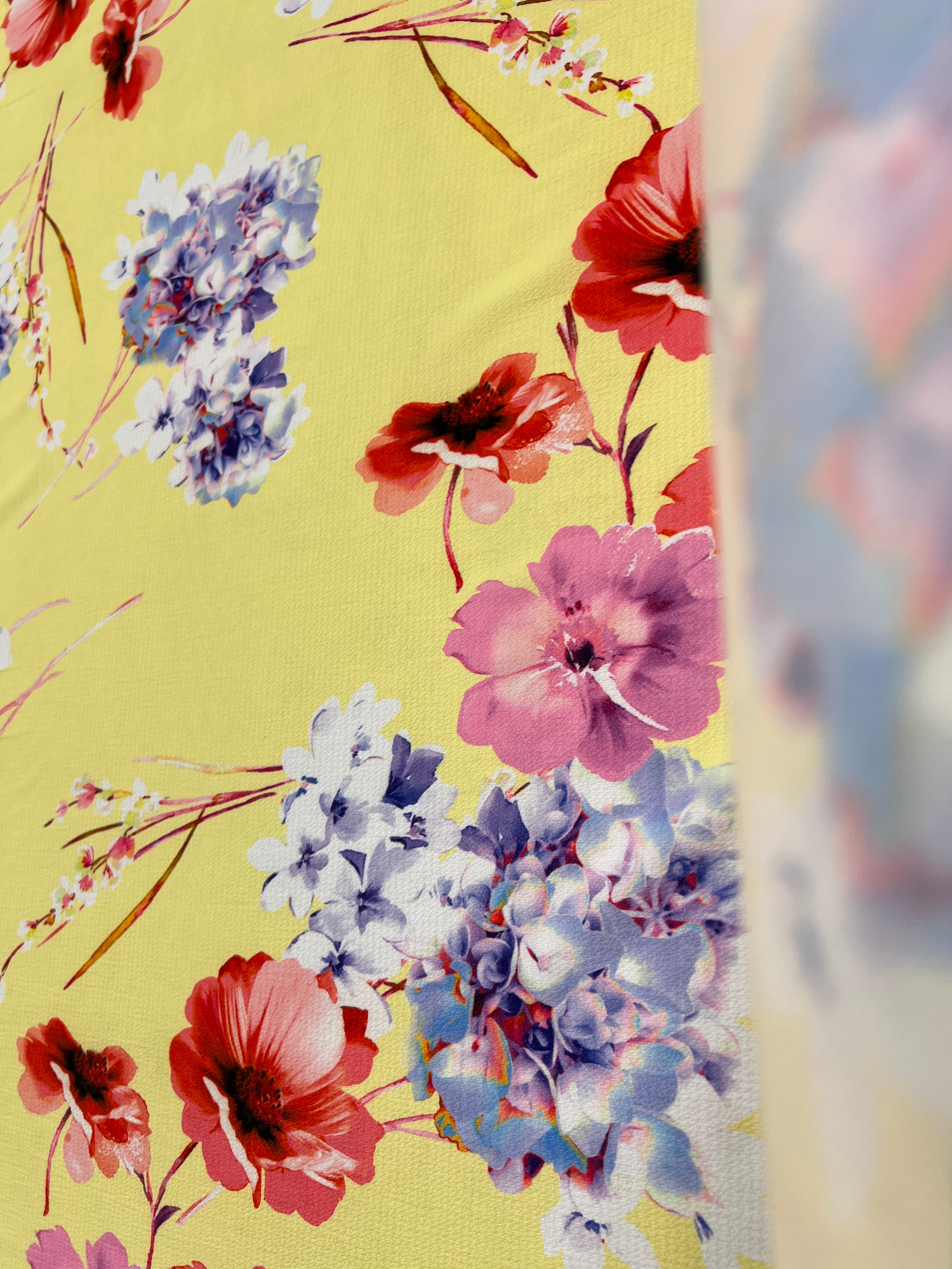 Yellow Floral Bubble Crepe Fabric Dress Material Summer Soft 148cm Wide