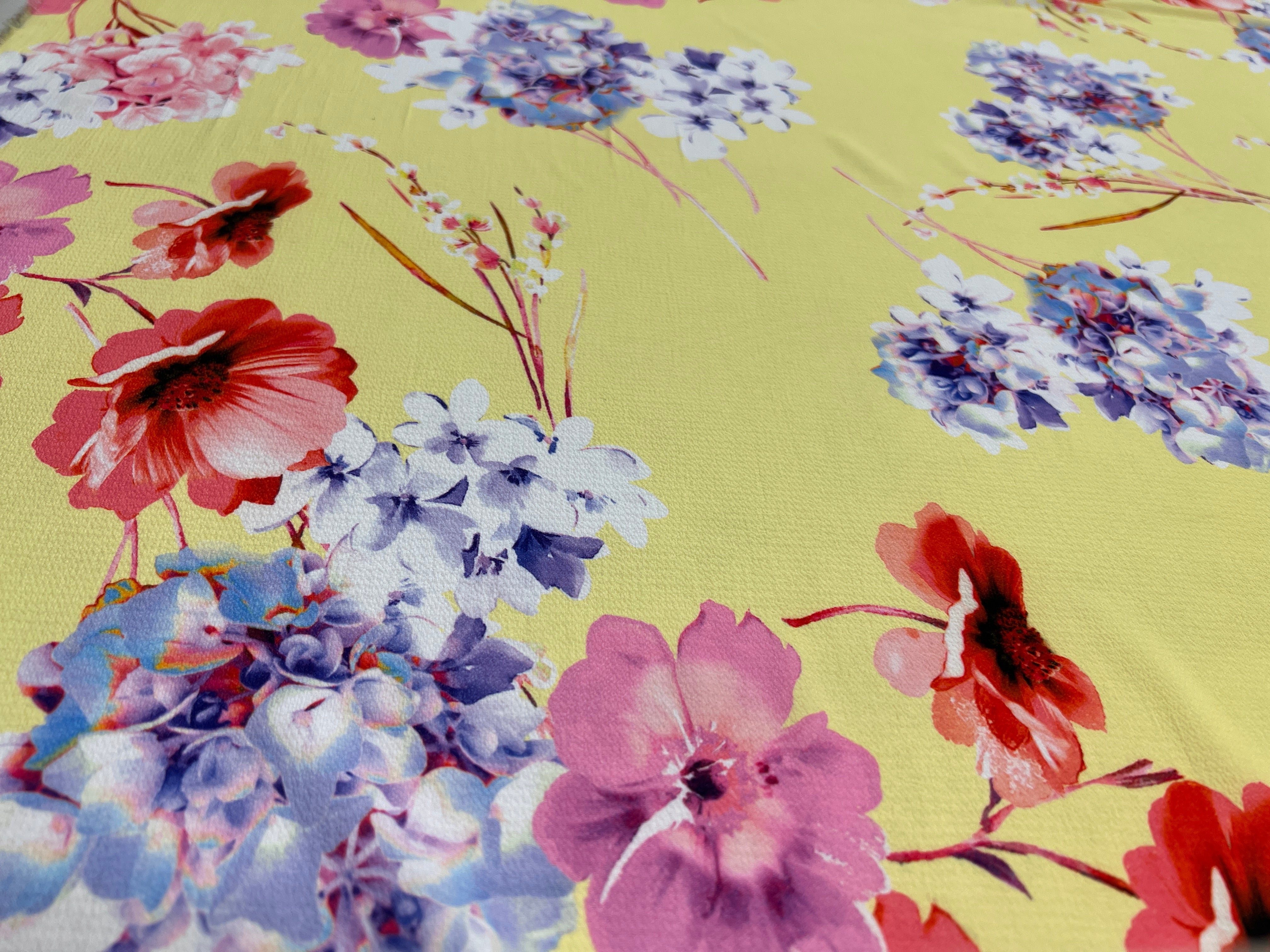 Yellow Floral Bubble Crepe Fabric Dress Material Summer Soft 148cm Wide