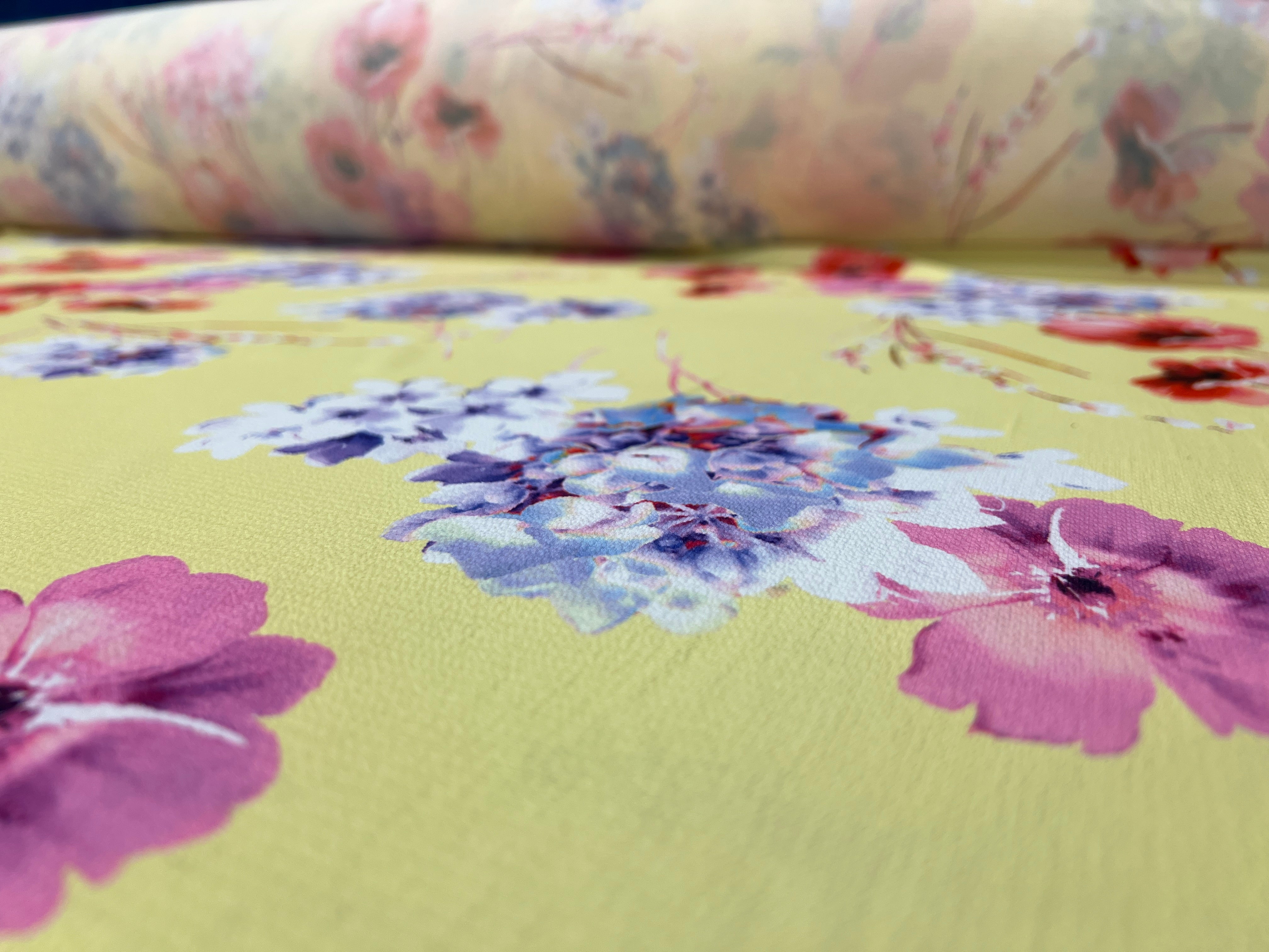 Yellow Floral Bubble Crepe Fabric Dress Material Summer Soft 148cm Wide