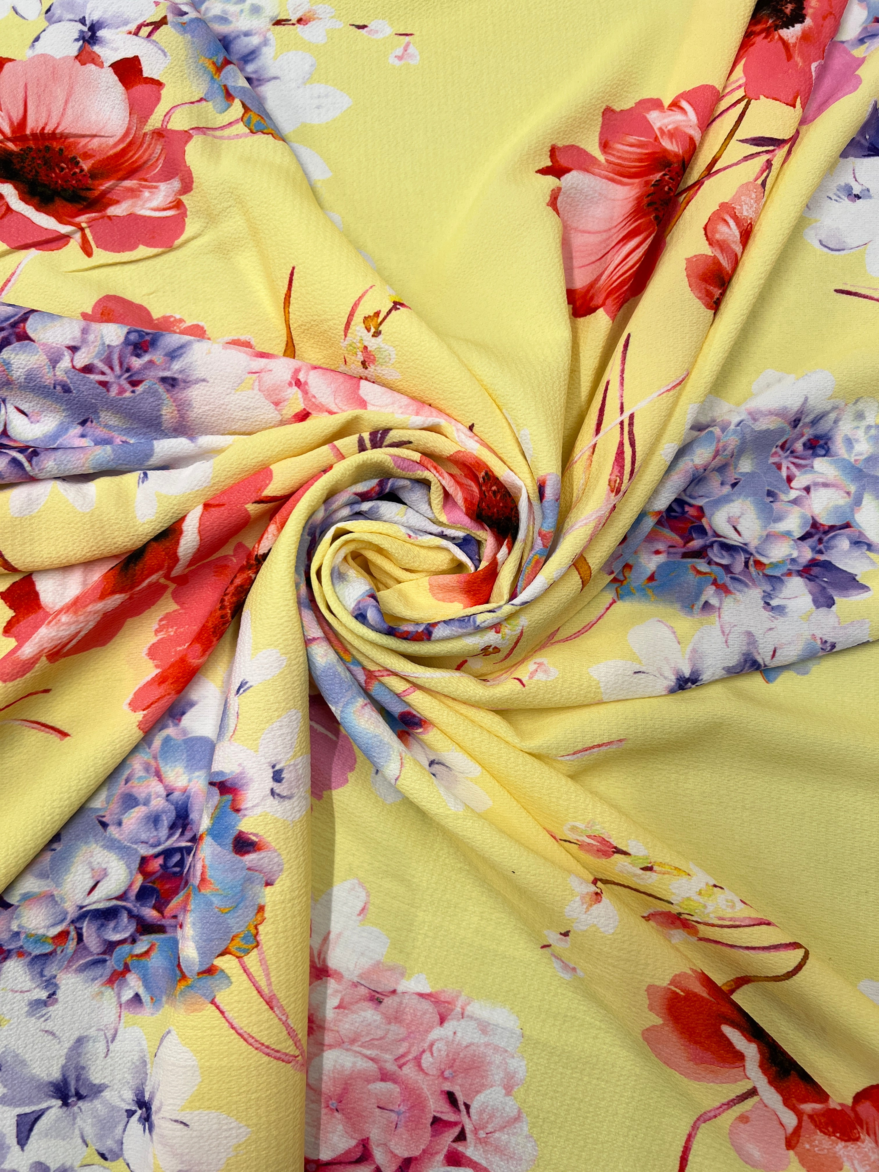 Yellow Floral Bubble Crepe Fabric Dress Material Summer Soft 148cm Wide