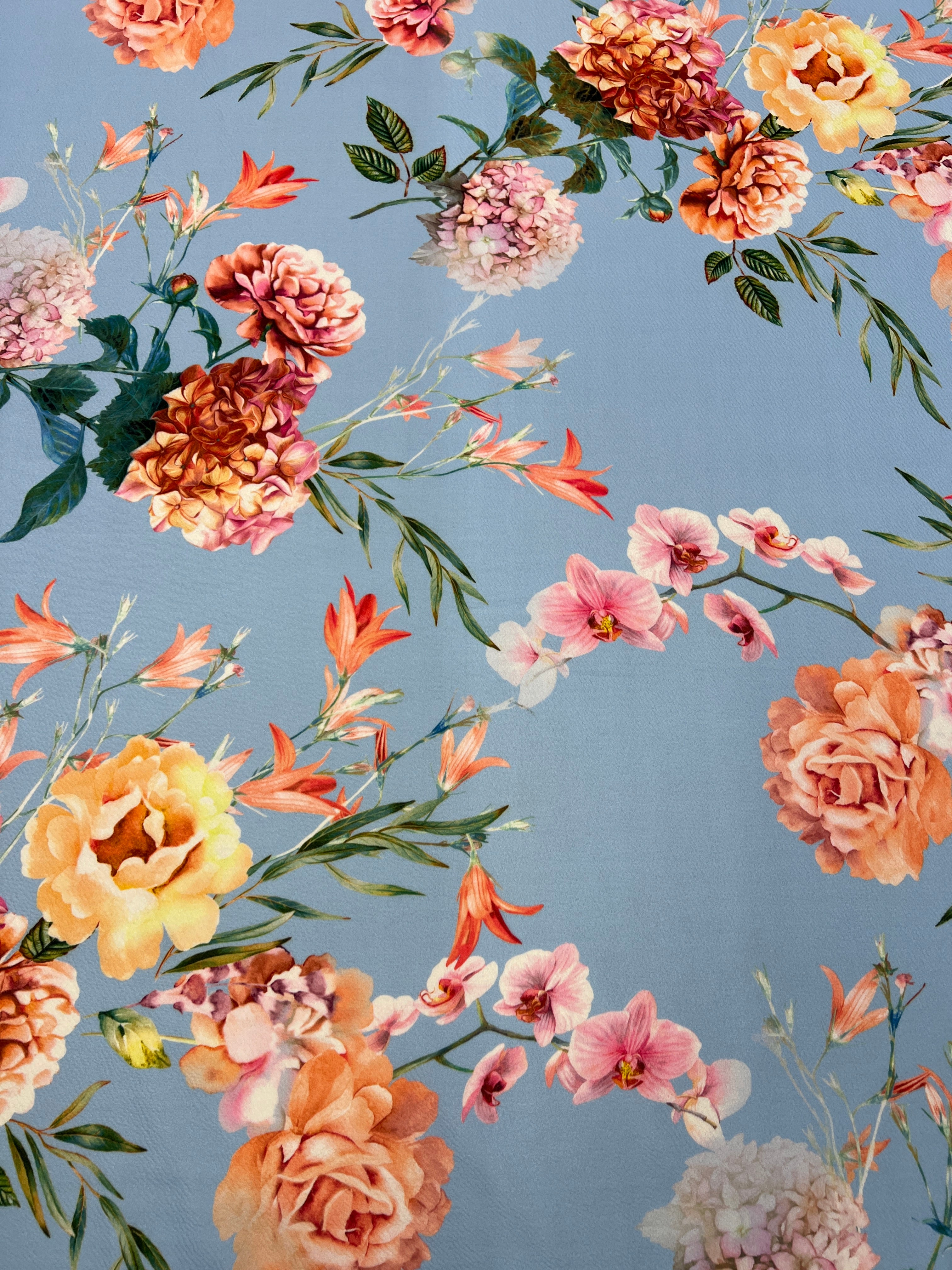 Sky Blue Floral Liverpool Fabric – Peach & Pink Flower Print Stretch Knit, 150cm Wide Dress Fabric