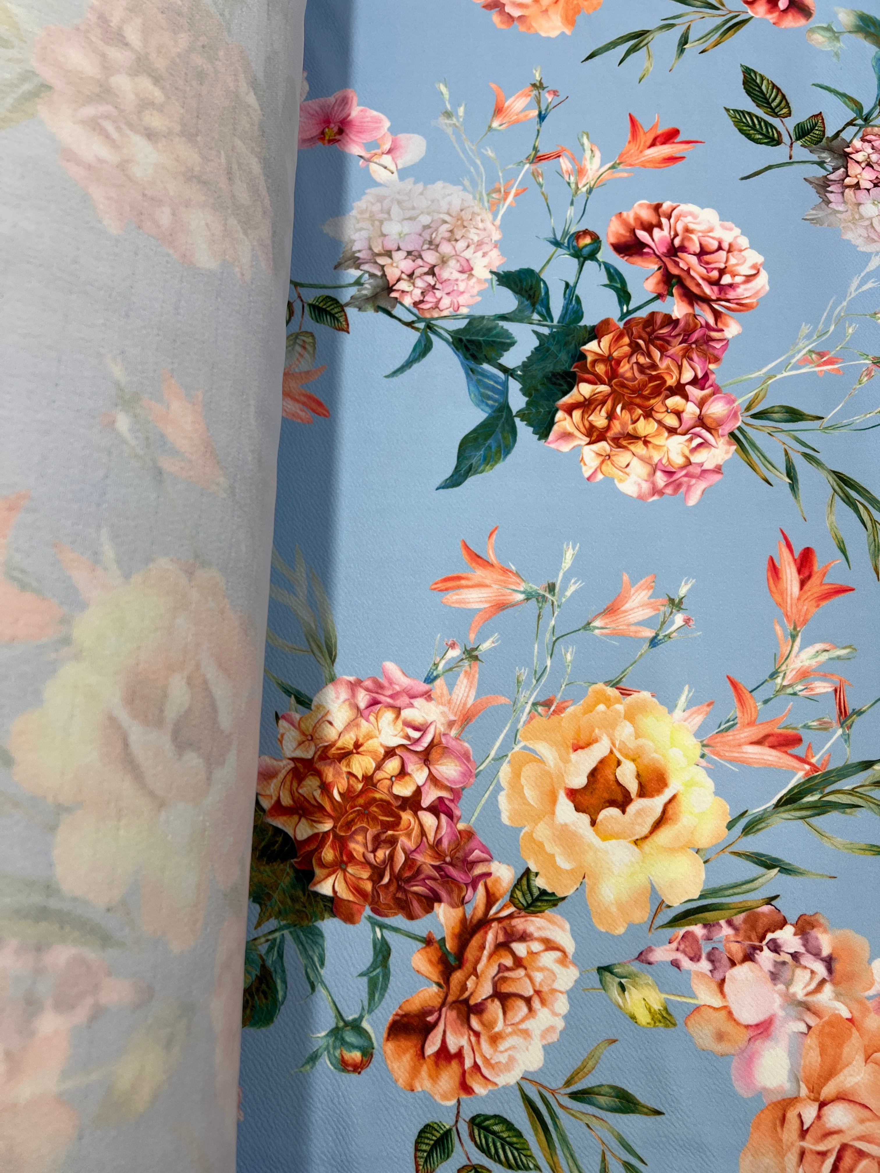 Sky Blue Floral Liverpool Fabric – Peach & Pink Flower Print Stretch Knit, 150cm Wide Dress Fabric