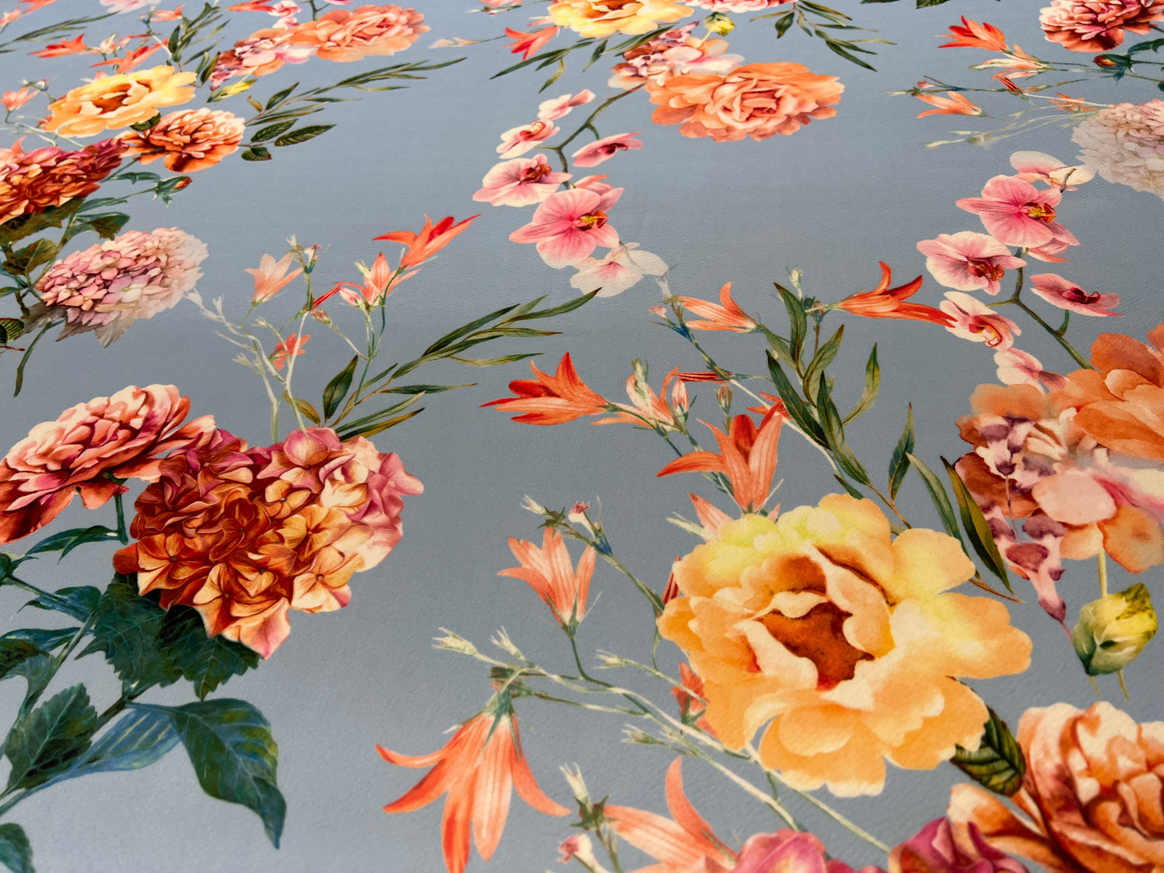 Sky Blue Floral Liverpool Fabric – Peach & Pink Flower Print Stretch Knit, 150cm Wide Dress Fabric