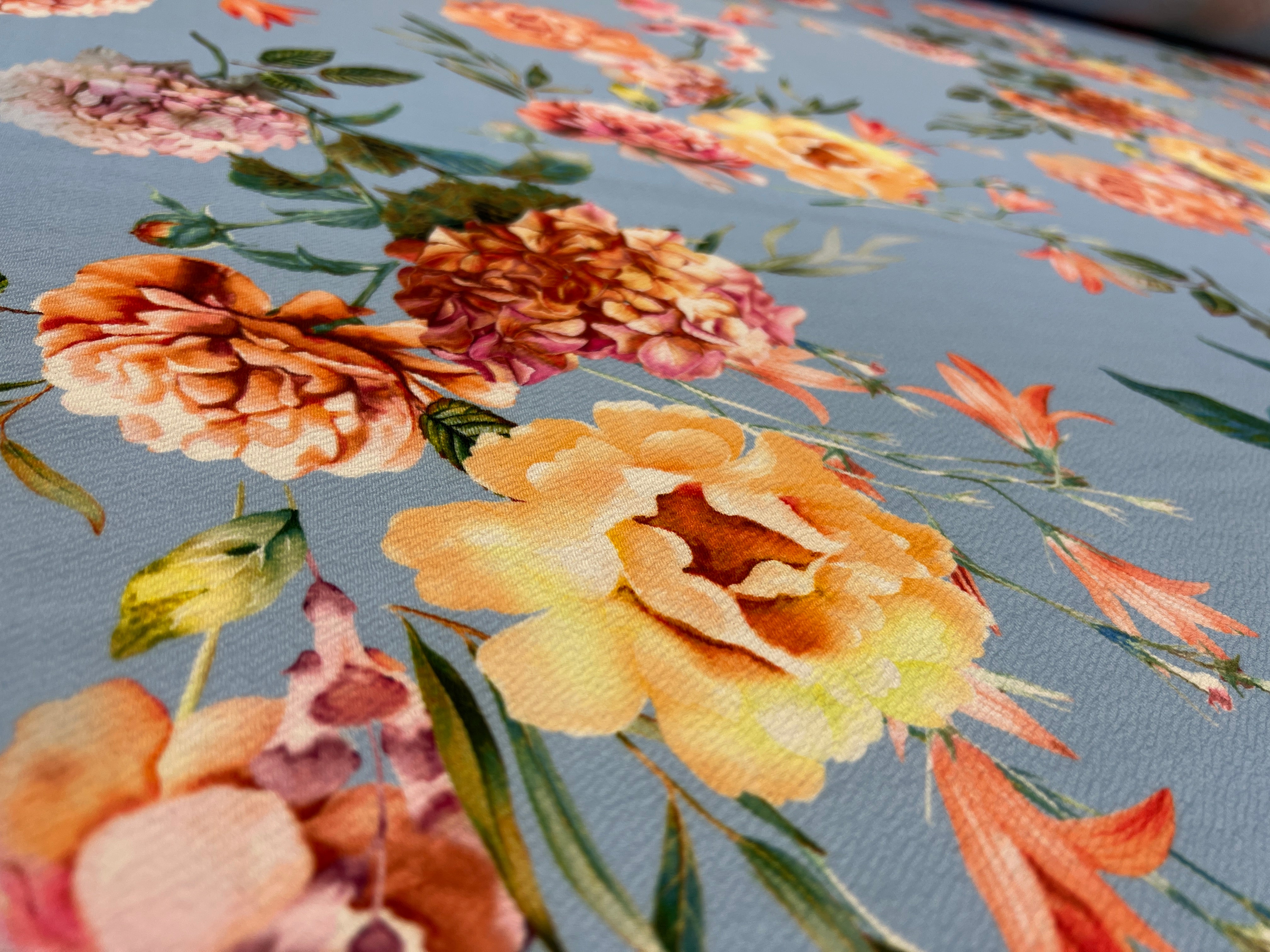 Sky Blue Floral Liverpool Fabric – Peach & Pink Flower Print Stretch Knit, 150cm Wide Dress Fabric
