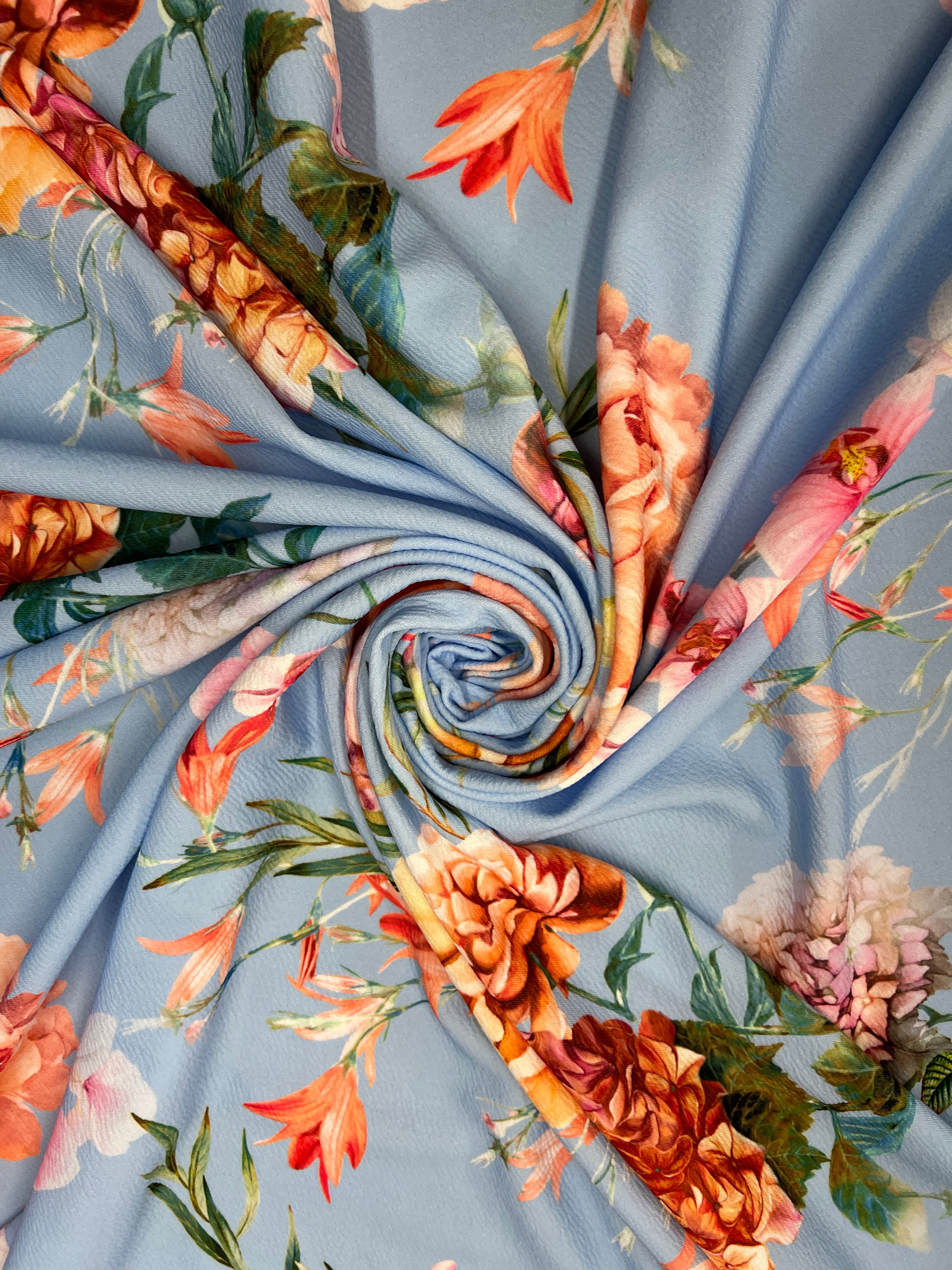 Sky Blue Floral Liverpool Fabric – Peach & Pink Flower Print Stretch Knit, 150cm Wide Dress Fabric