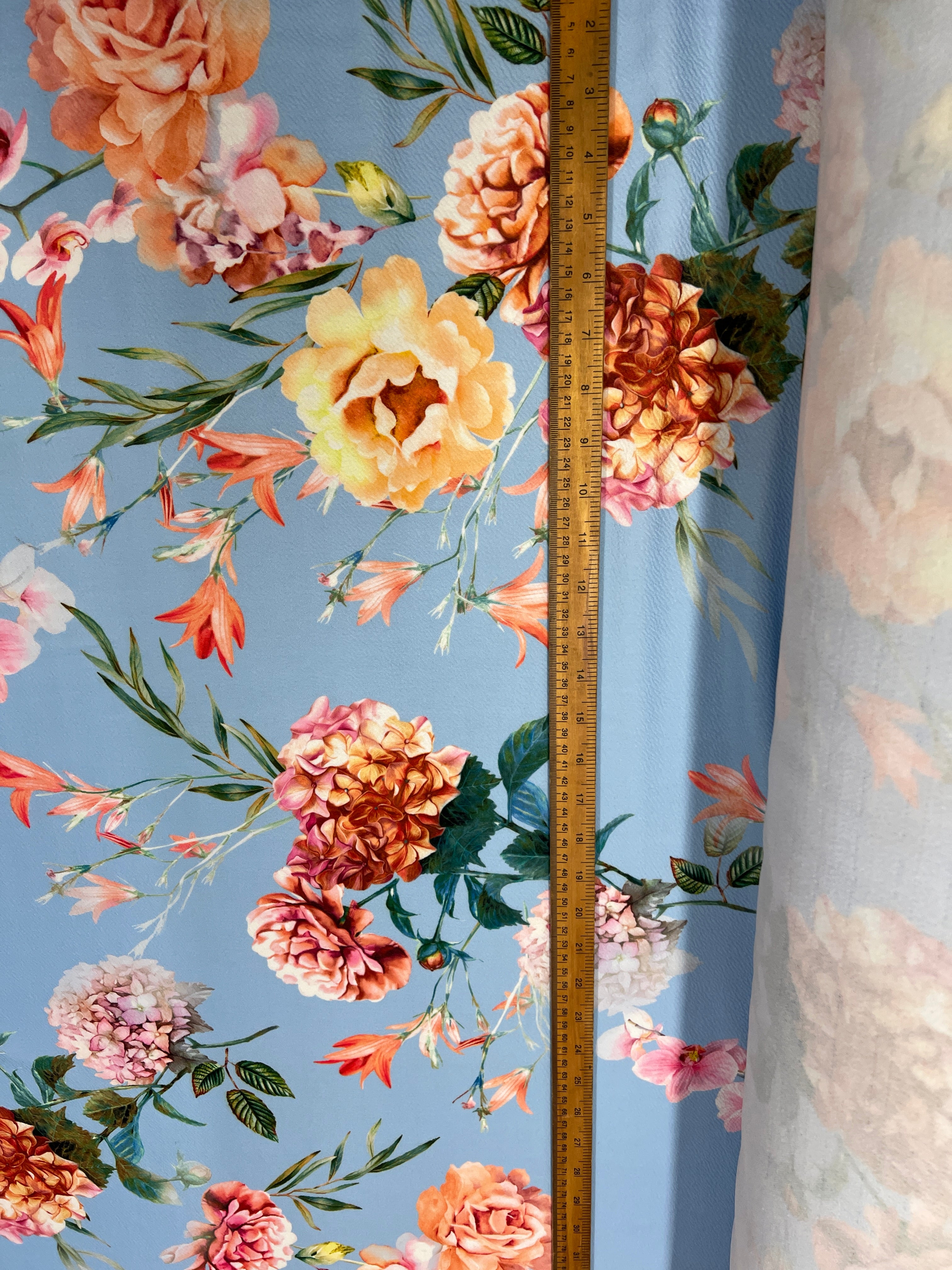 Sky Blue Floral Liverpool Fabric – Peach & Pink Flower Print Stretch Knit, 150cm Wide Dress Fabric