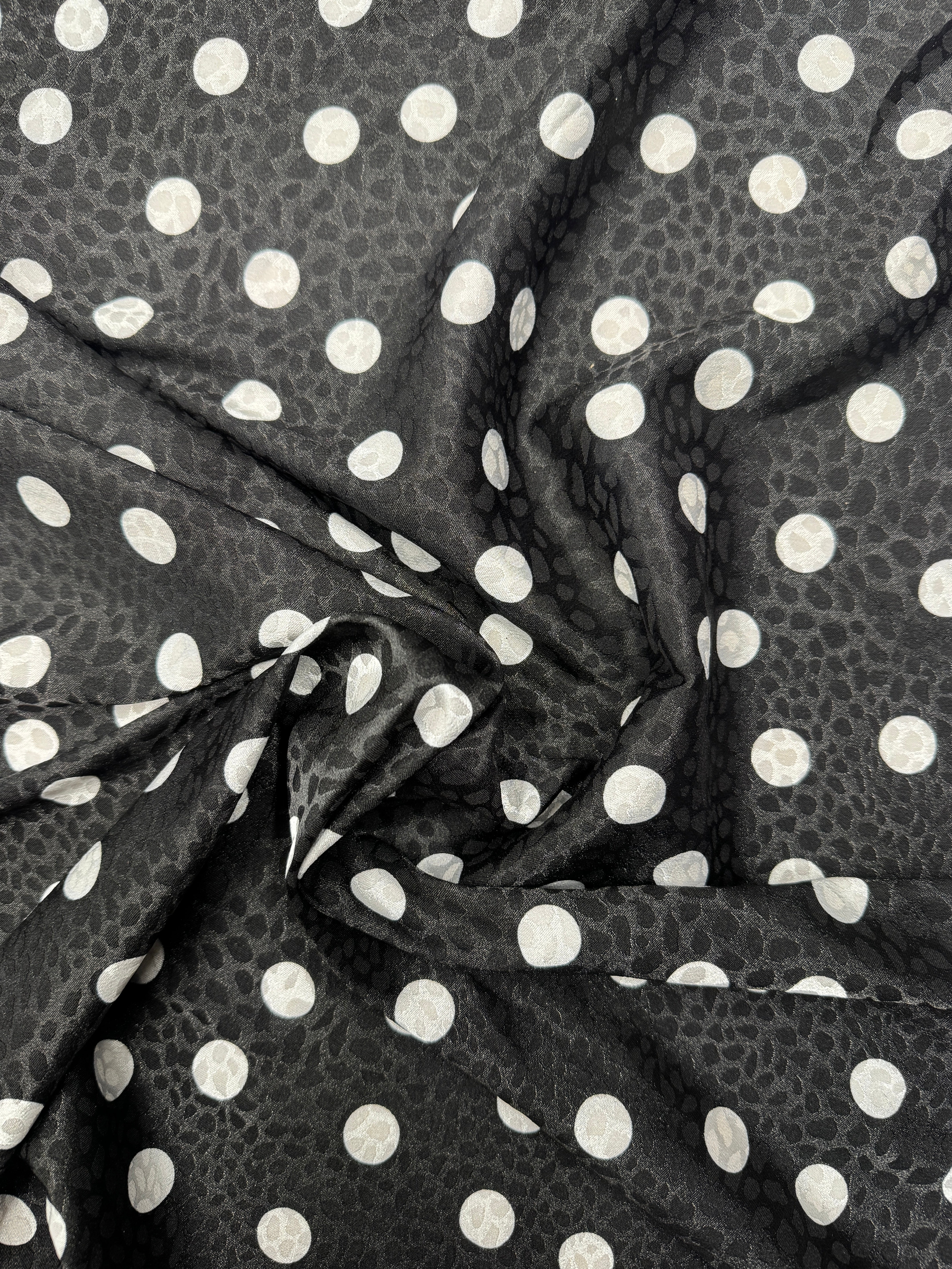 Black & White Polka Dot Embossed Satin Fabric – Luxury Animal Texture Print, 152cm Wide Non-Stretch Dress Fabric
