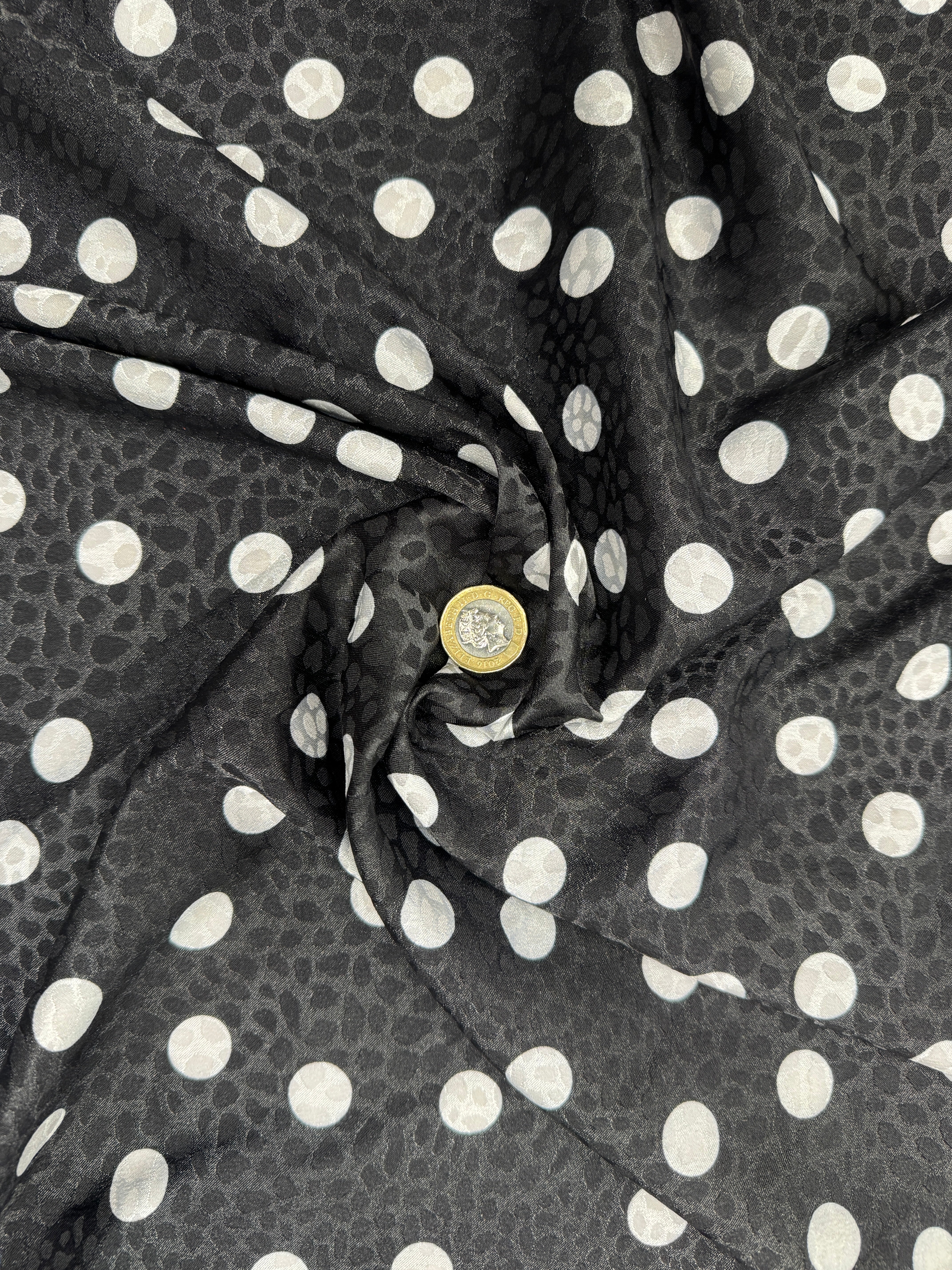 Black & White Polka Dot Embossed Satin Fabric – Luxury Animal Texture Print, 152cm Wide Non-Stretch Dress Fabric