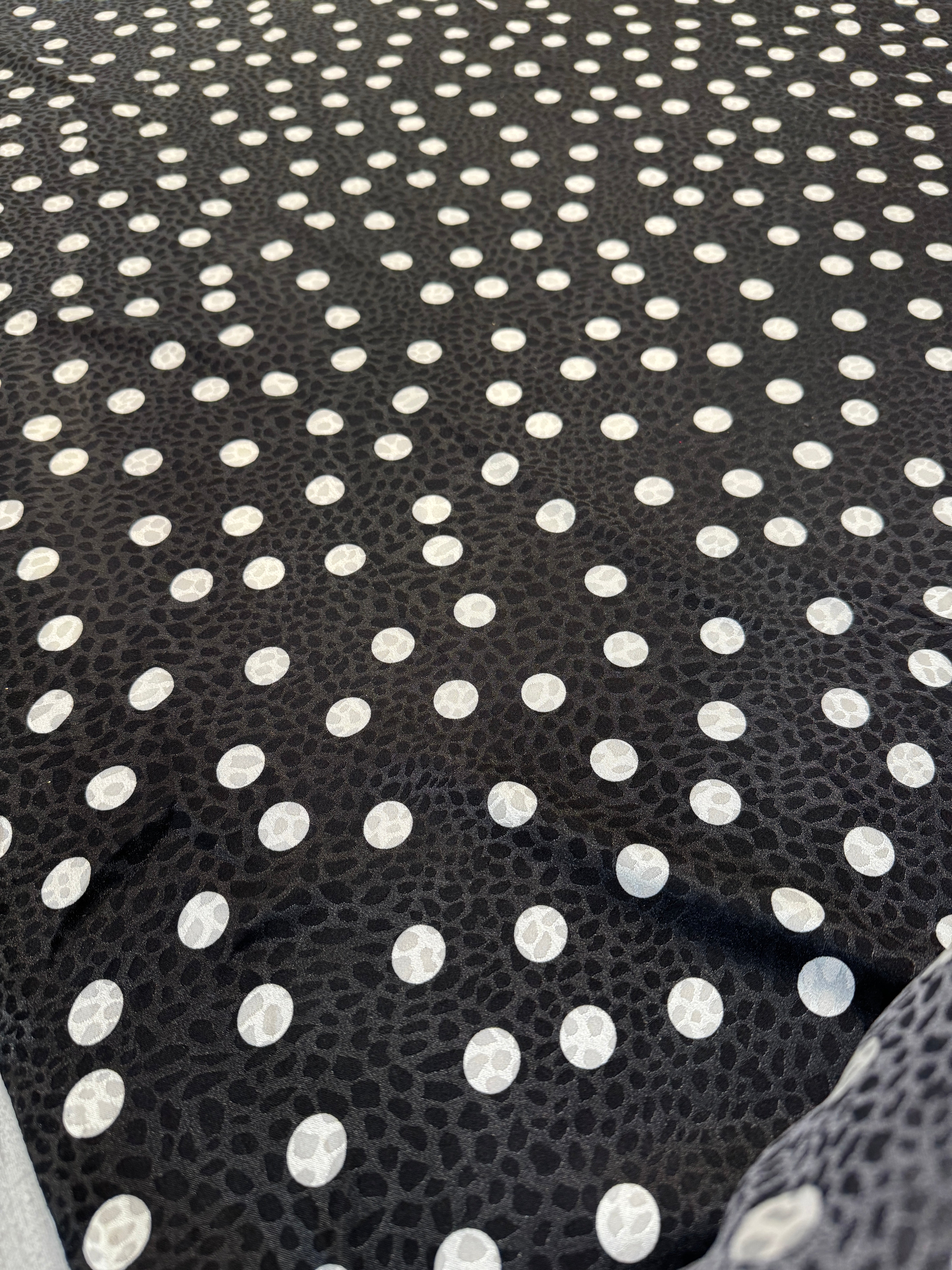 Black & White Polka Dot Embossed Satin Fabric – Luxury Animal Texture Print, 152cm Wide Non-Stretch Dress Fabric
