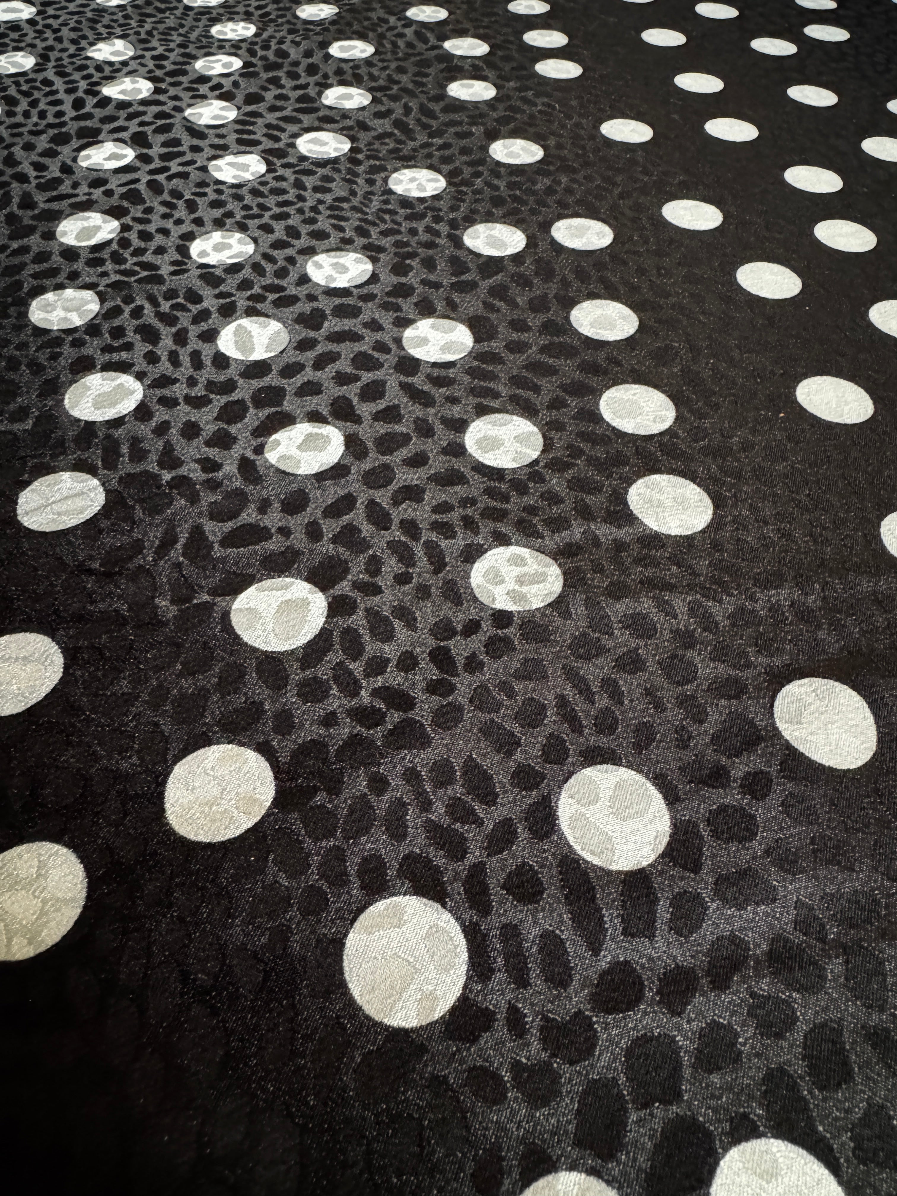 Black & White Polka Dot Embossed Satin Fabric – Luxury Animal Texture Print, 152cm Wide Non-Stretch Dress Fabric